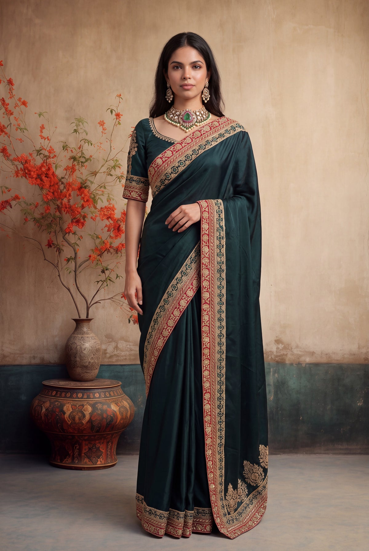 Bottle Green Satin Silk Saree