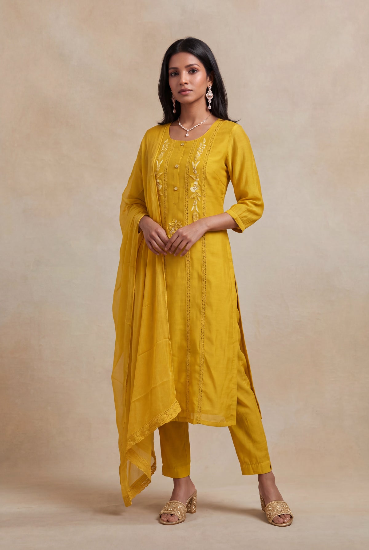 Mustard Yellow Mul Cotton Embroidered Salwar Set