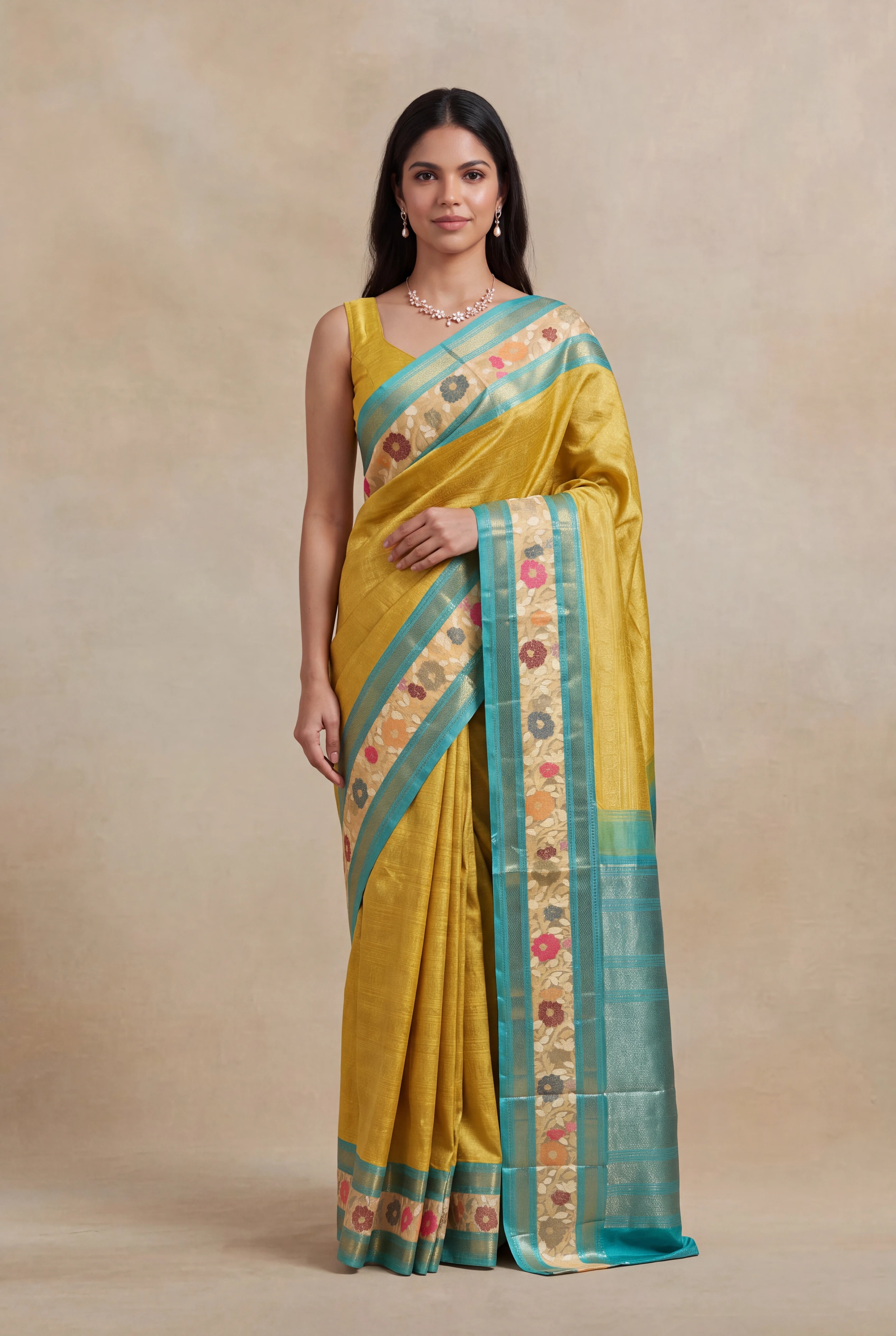 Yellow Kanchivaram Silk Fusion Saree