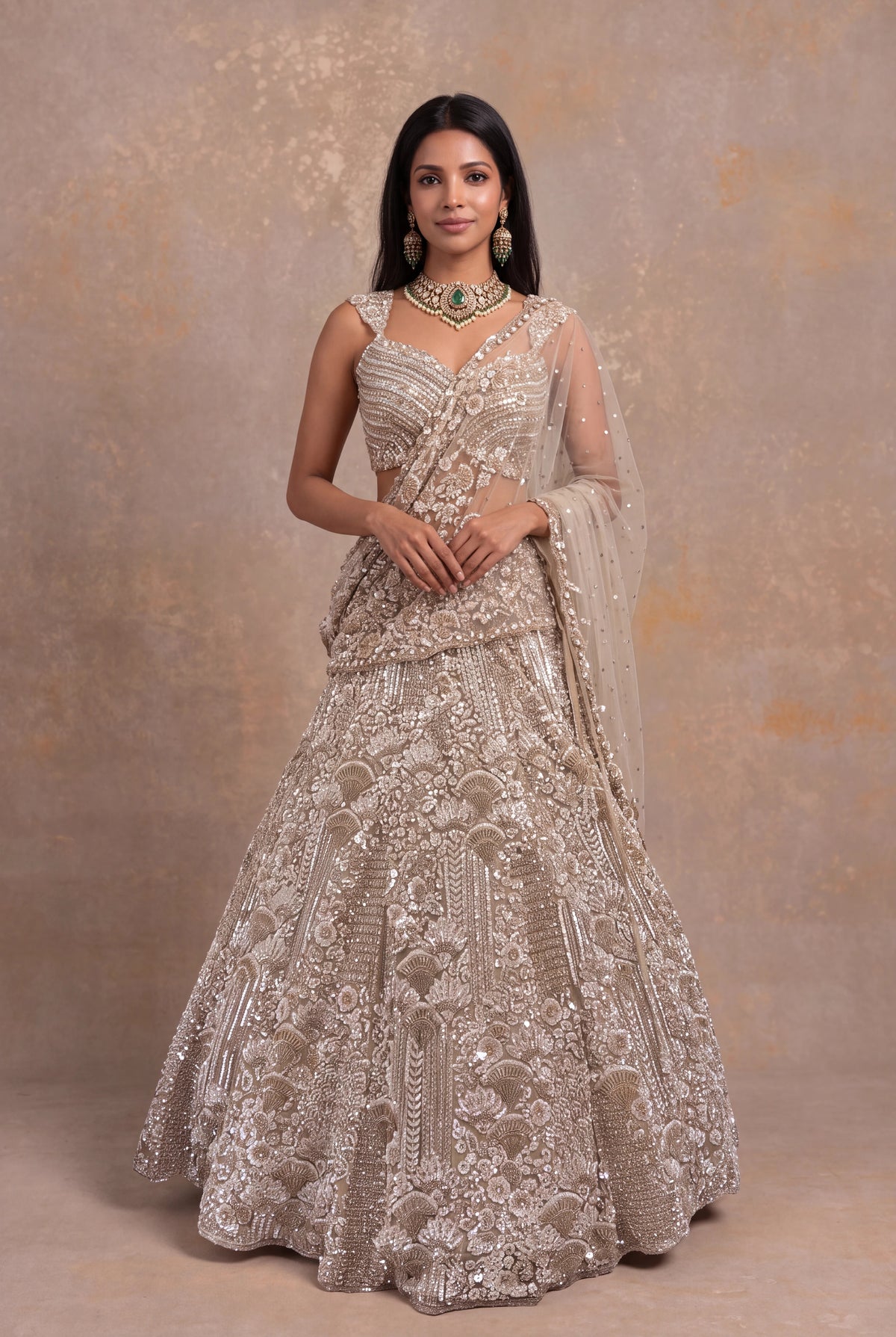 Beige Gold Net Lehenga with Sequin and Bead Embroidery