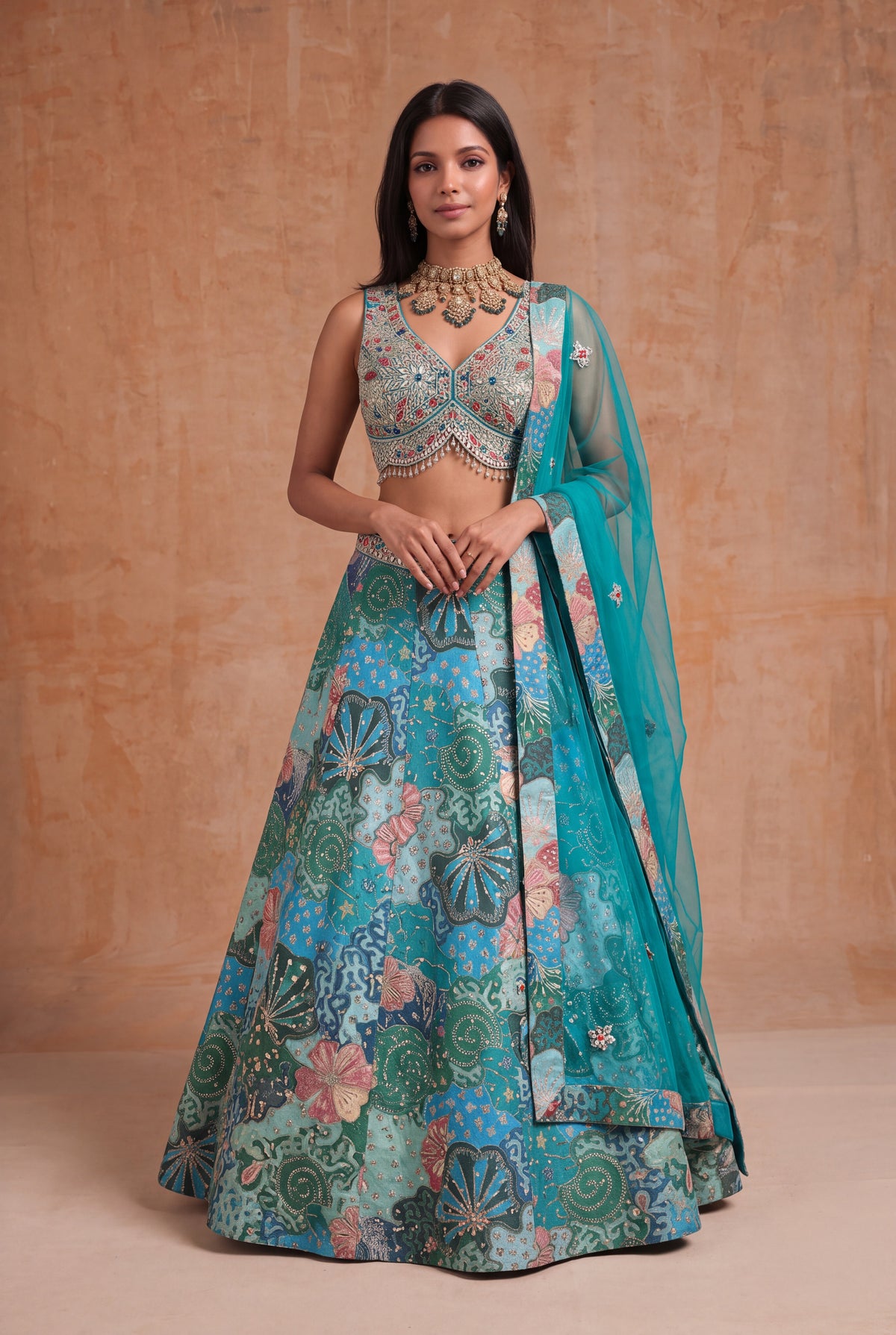 Teal Tissue Silk Floral Lehenga
