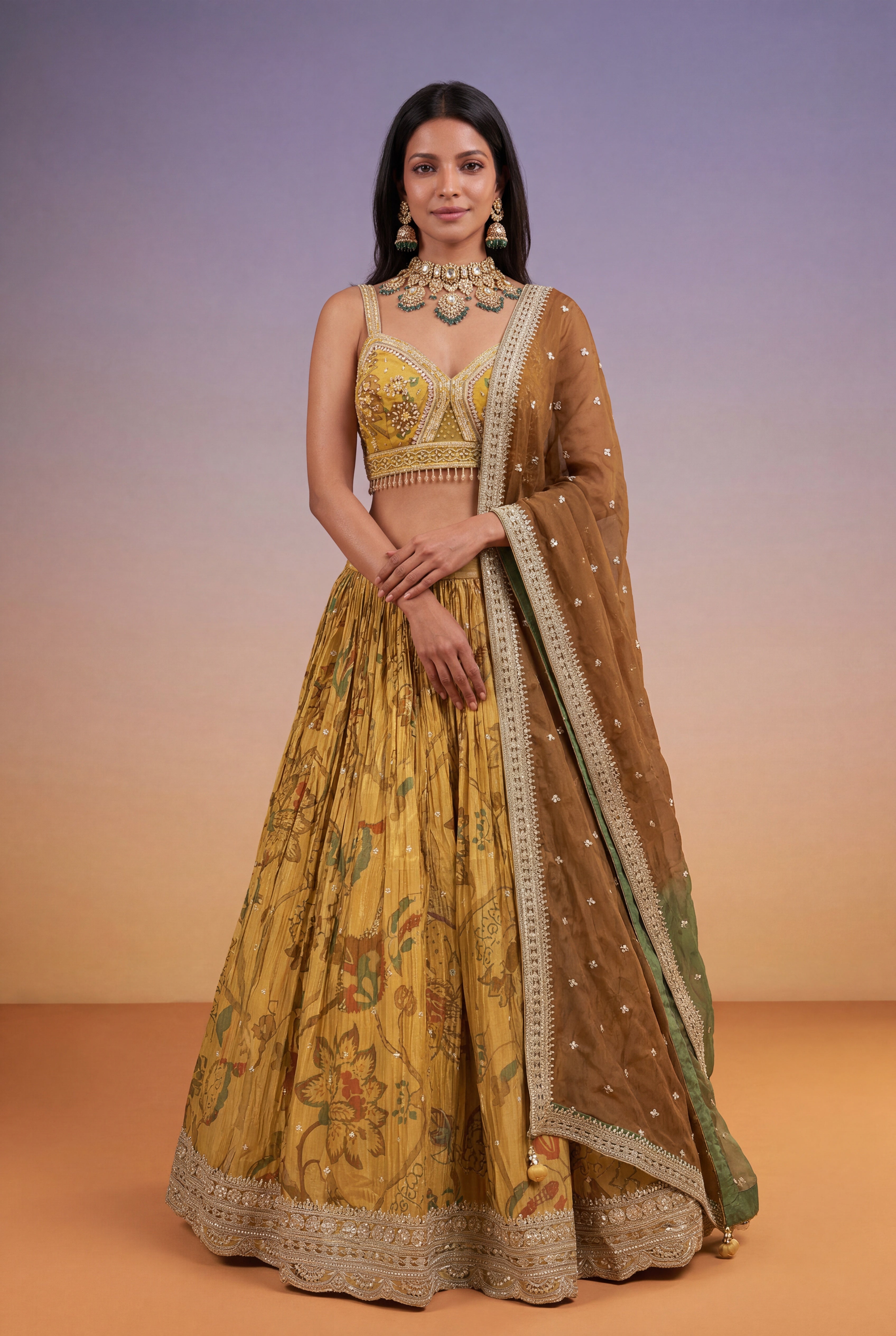 Mustard Gold Tissue Lehenga with Printed Florals & Zari Work