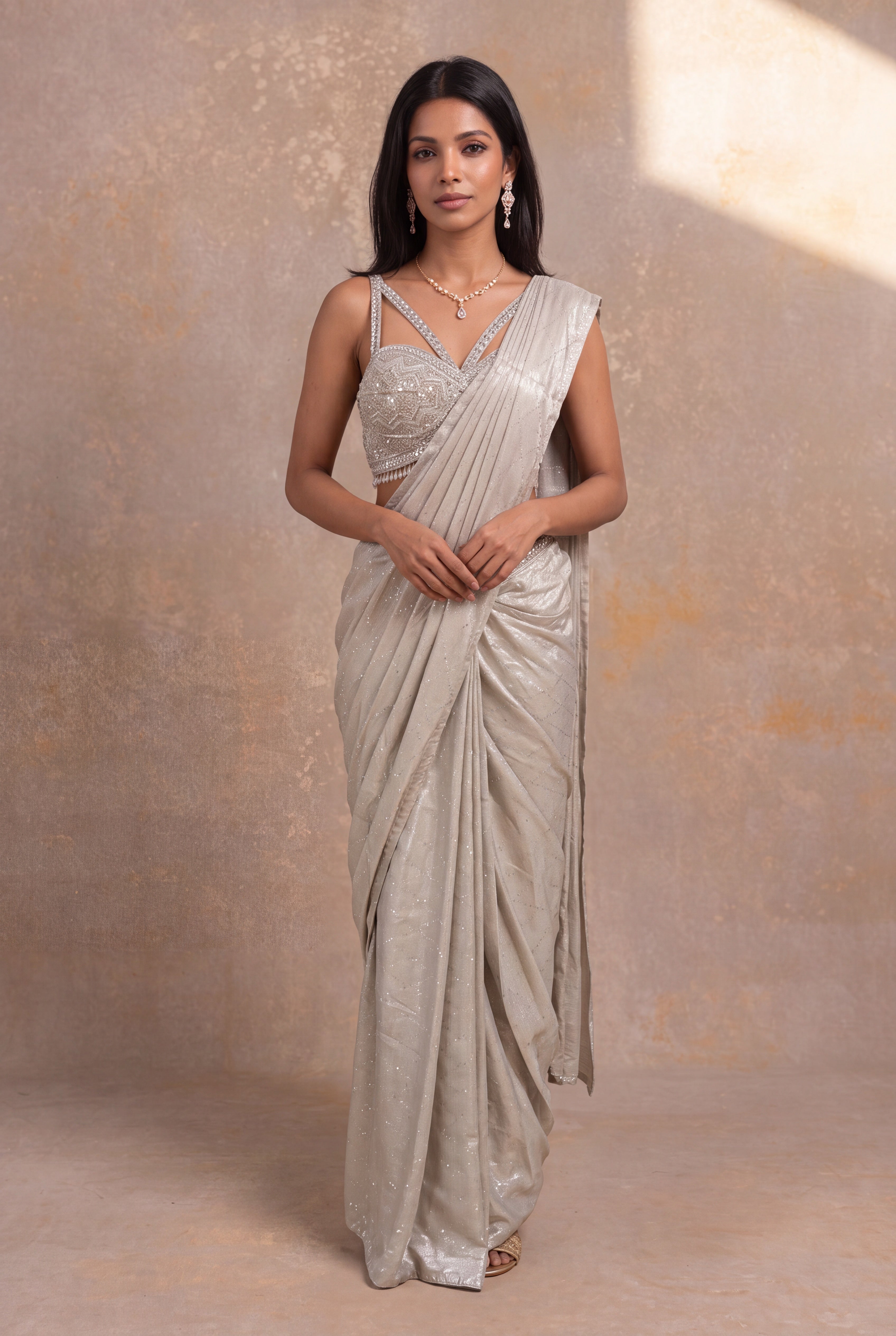 Silver Shimmer Pre-Draped Saree