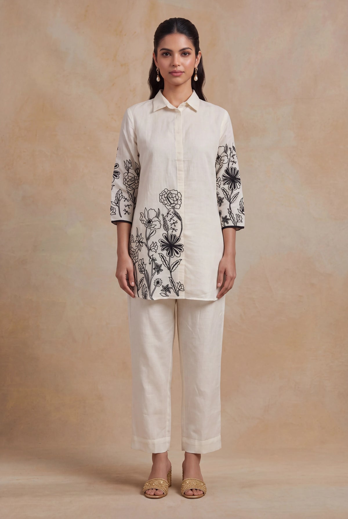 Ivory Chanderi Cotton Floral Embroidered Co-ord Set
