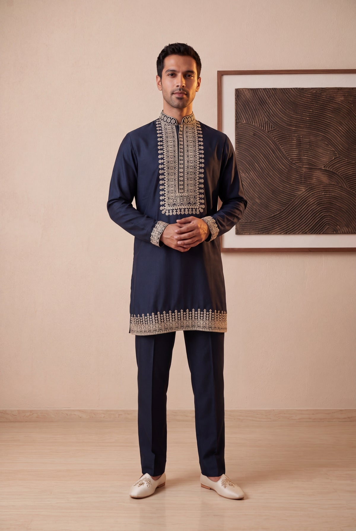 Navy Blue Embroidered Silk Kurta Set