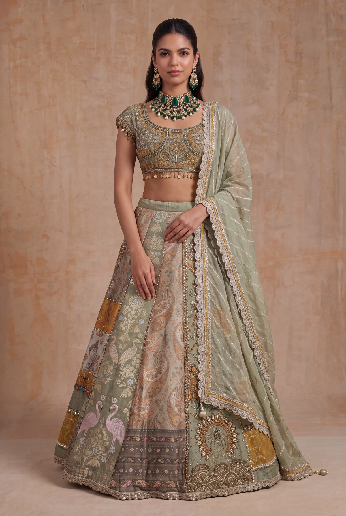 Light Green & Mustard Banarasi Printed Lehenga