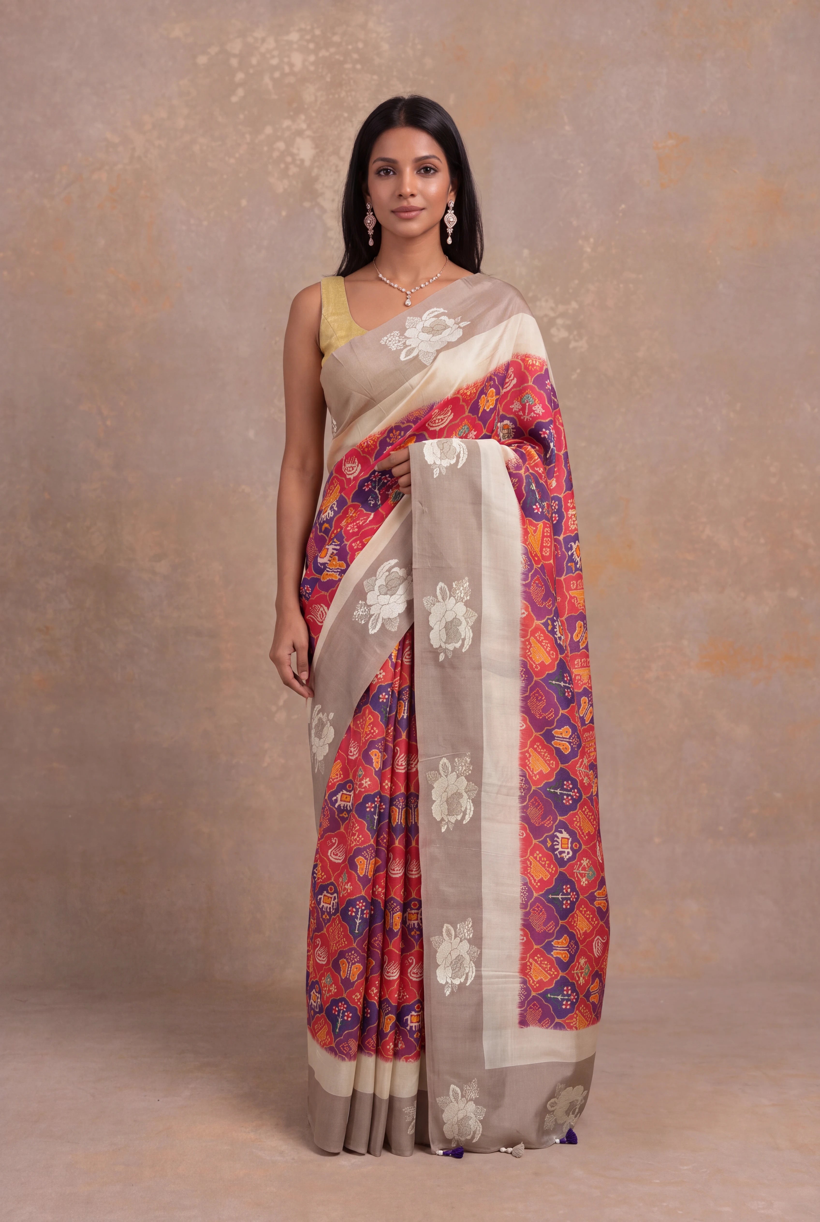 Multicolour Tussar Silk Saree with Ikkat Print