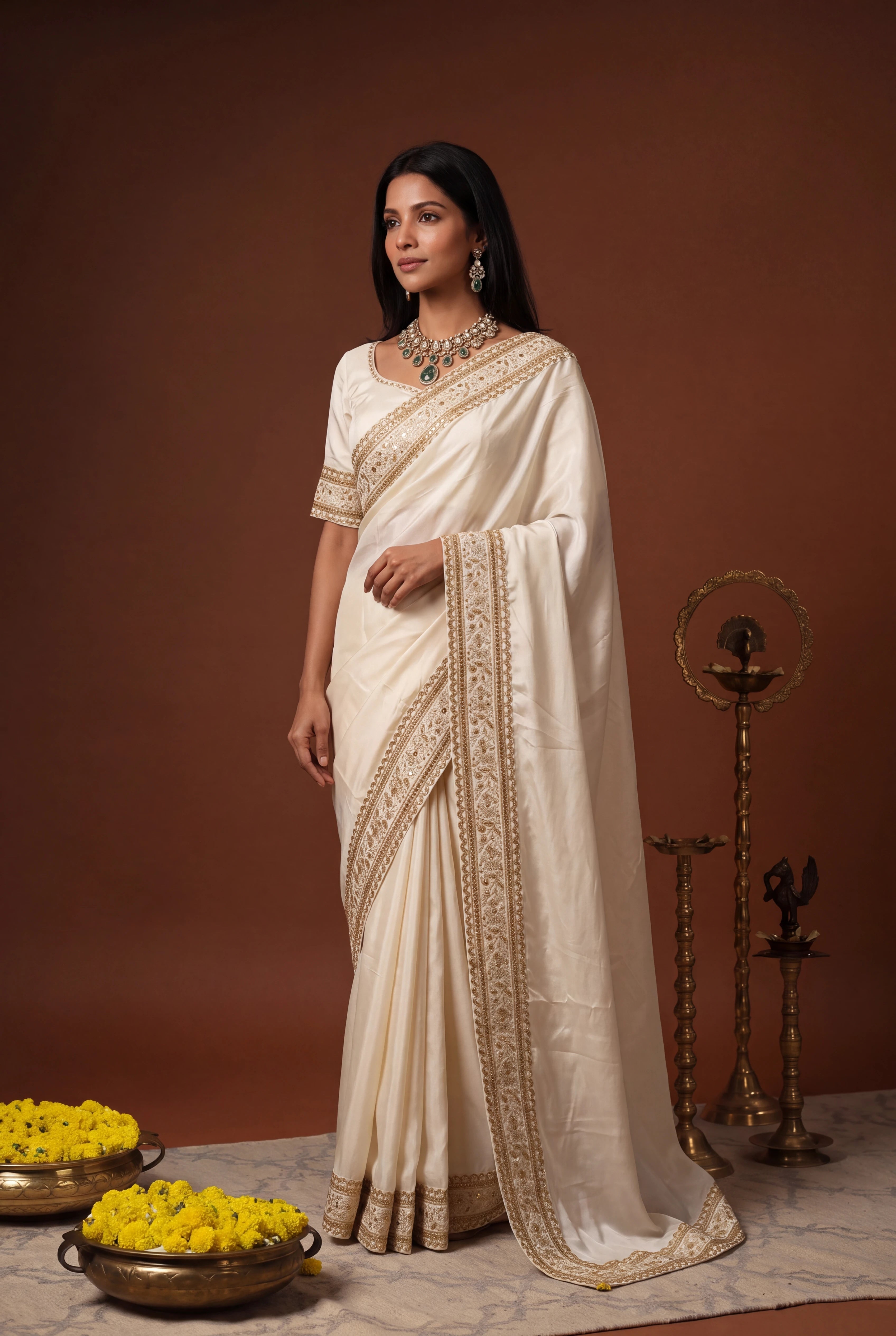 Ivory Satin Saree with Gold Sequin Embroidery