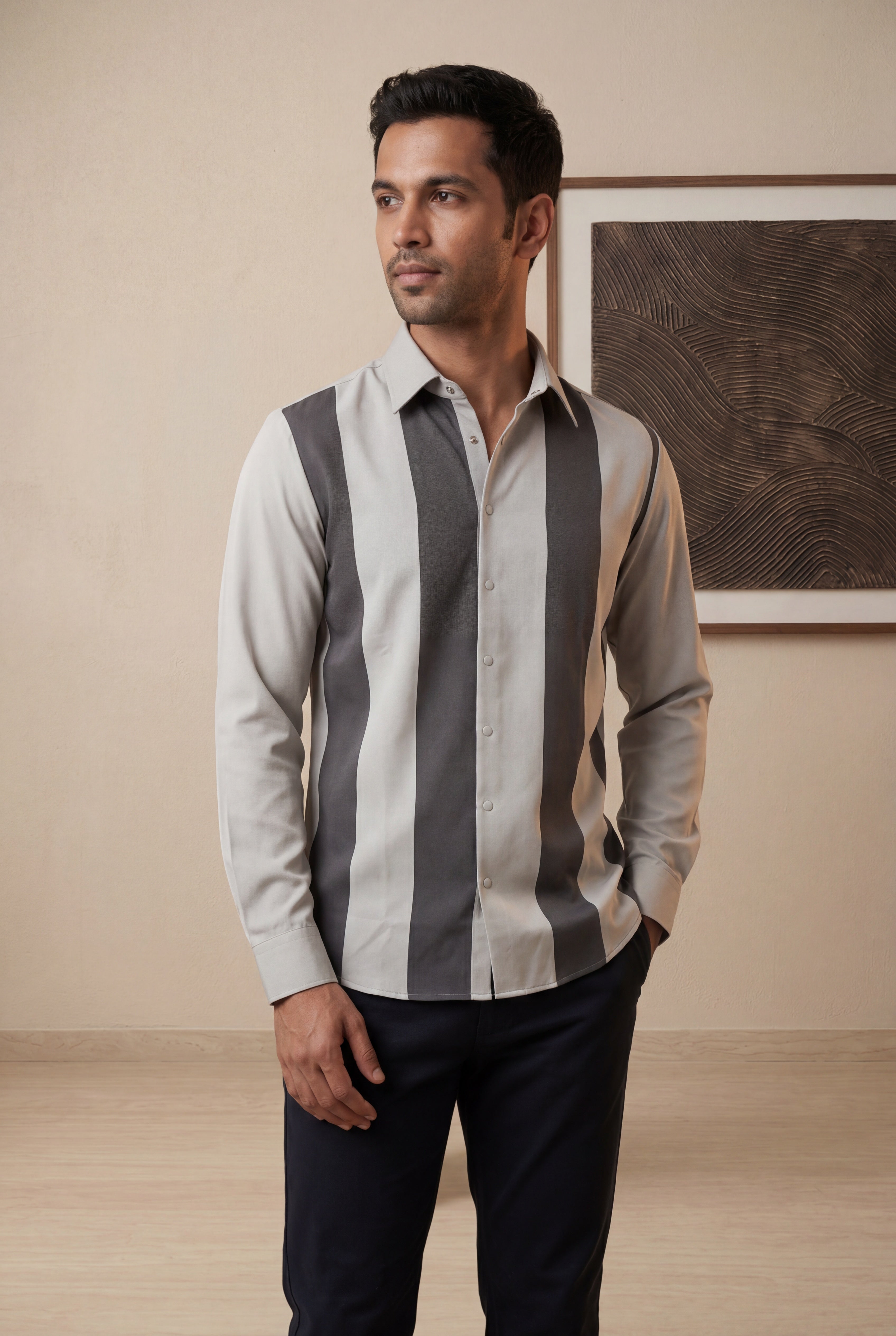 Grey Bomario Full Sleeve Striped Shirt