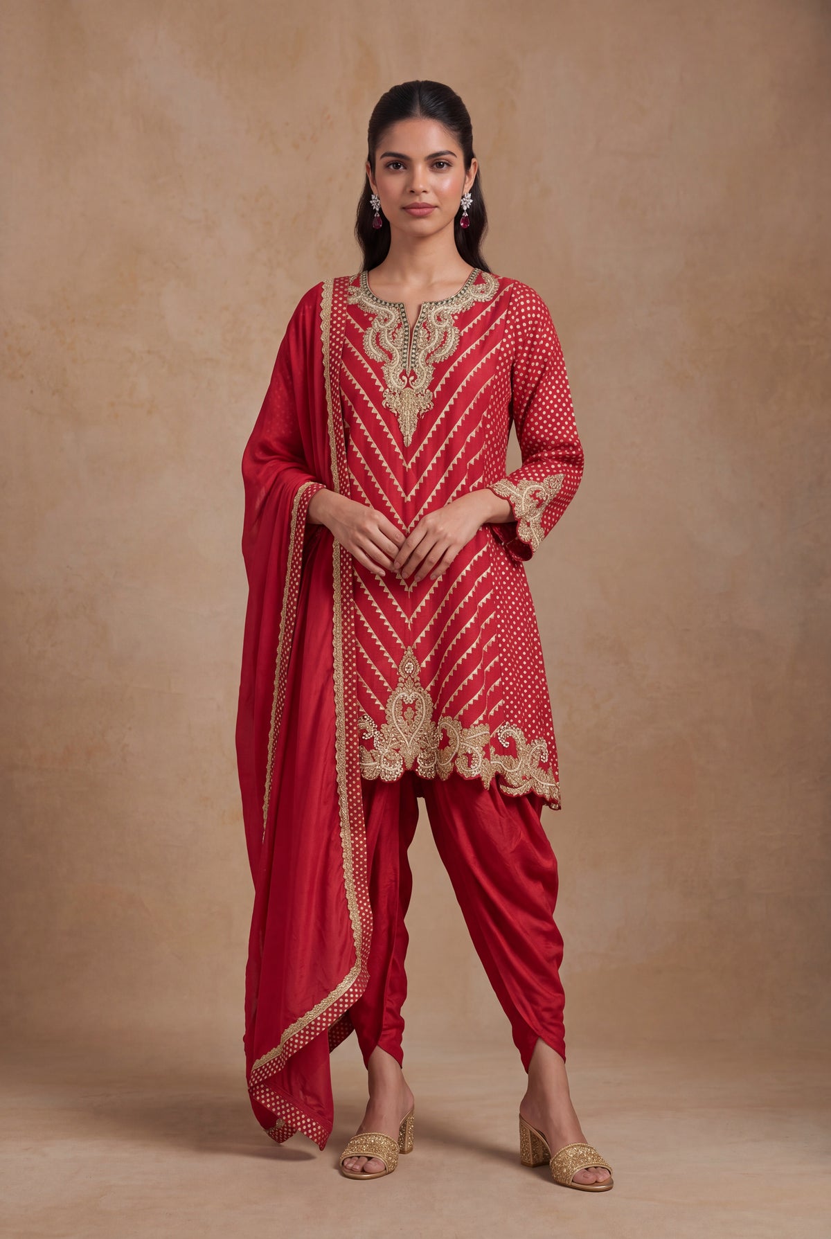 Cherry Red Banarasi Silk Indo Western Set with Zari and Pearl Work