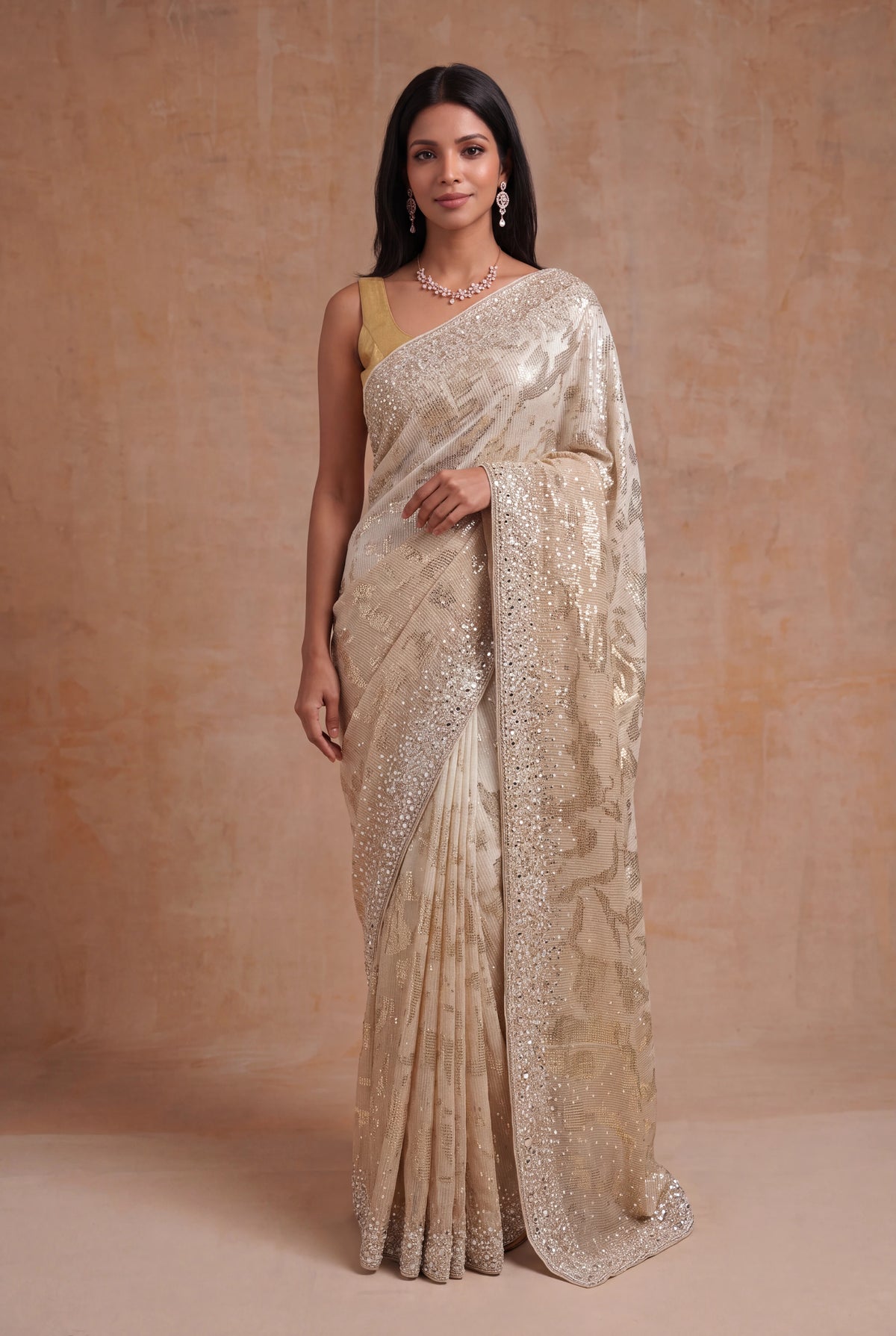 Gold Georgette Saree with Sequin & Mirror Work