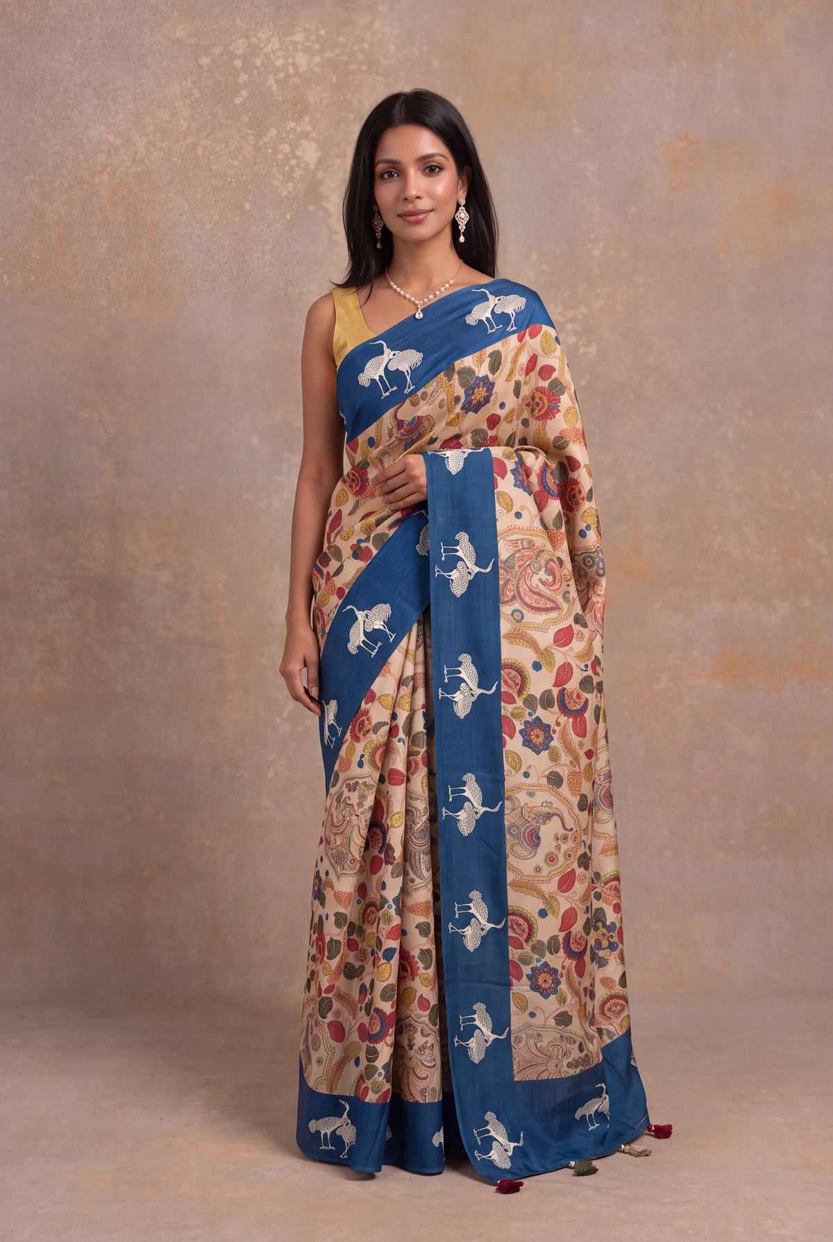 Off-White Tussar Silk Kalamkari Saree