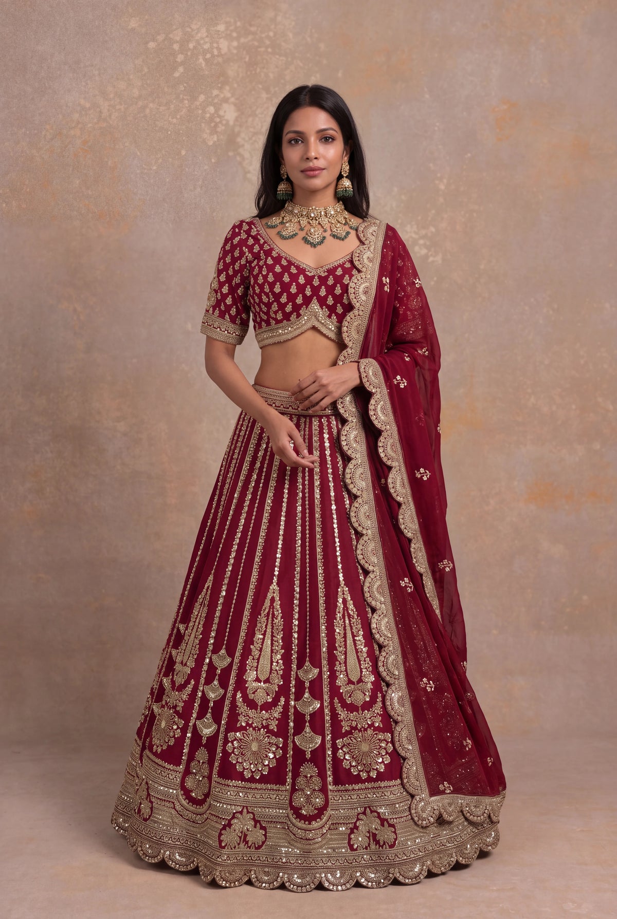 Maroon Raw Silk Lehenga Set with Cutdana Work