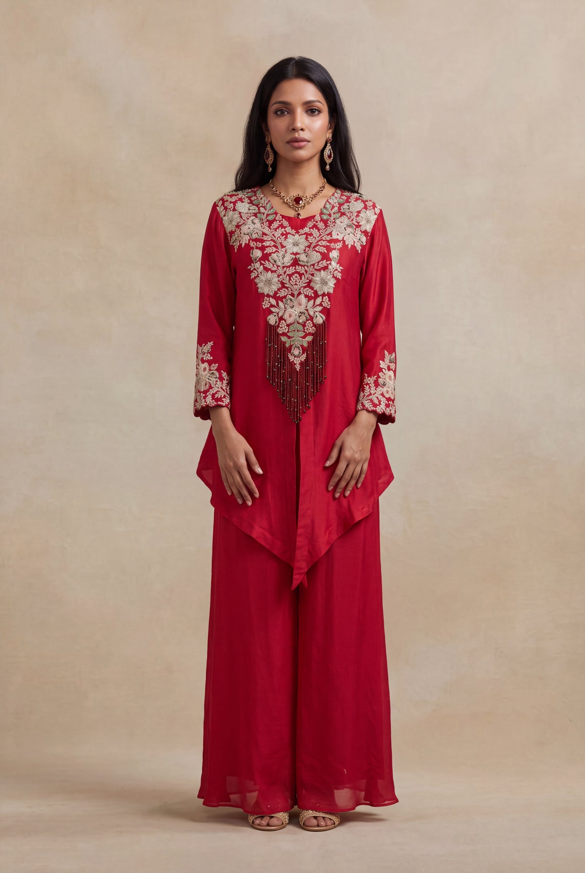 Red Raw Silk Zardosi Indo-Western Palazzo Set