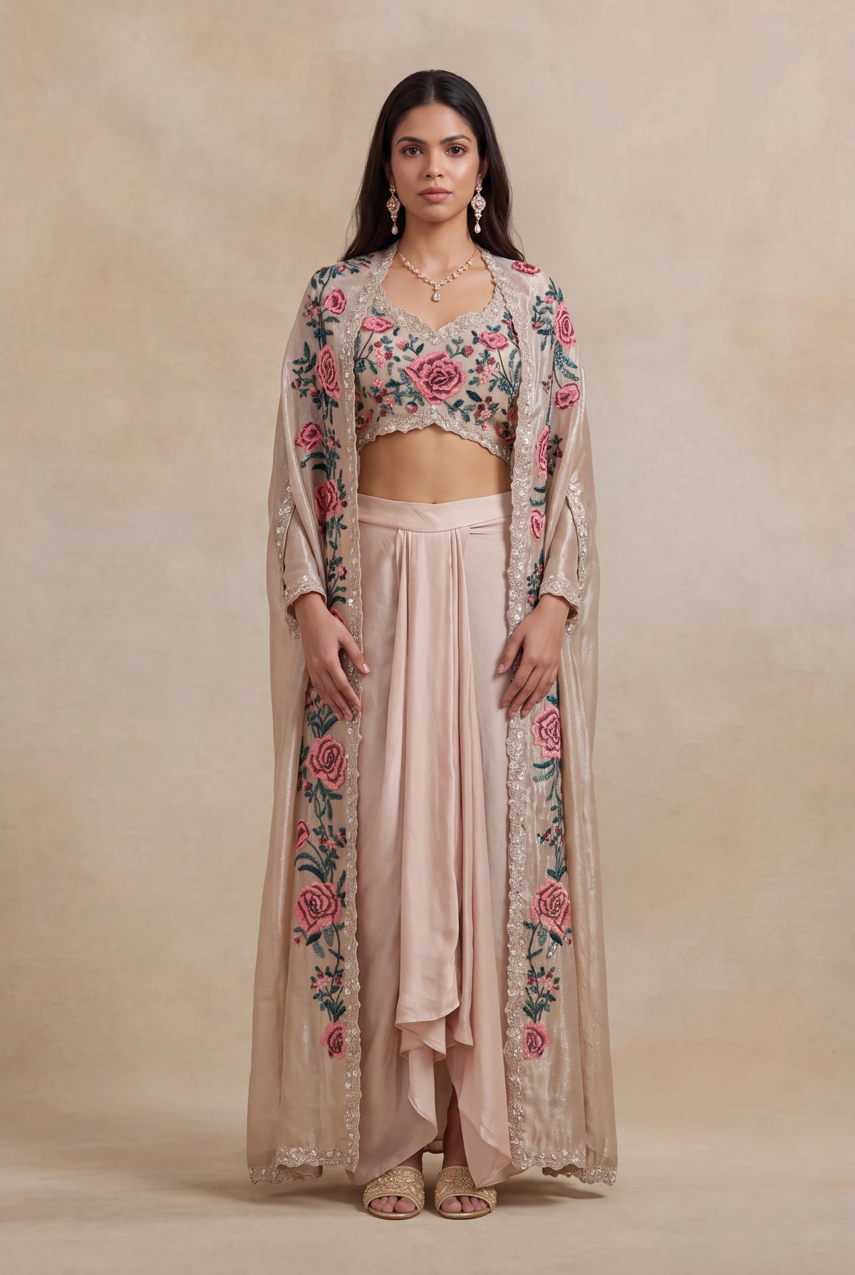 Blush Satin Floral Embroidered Indo-Western Cape Set