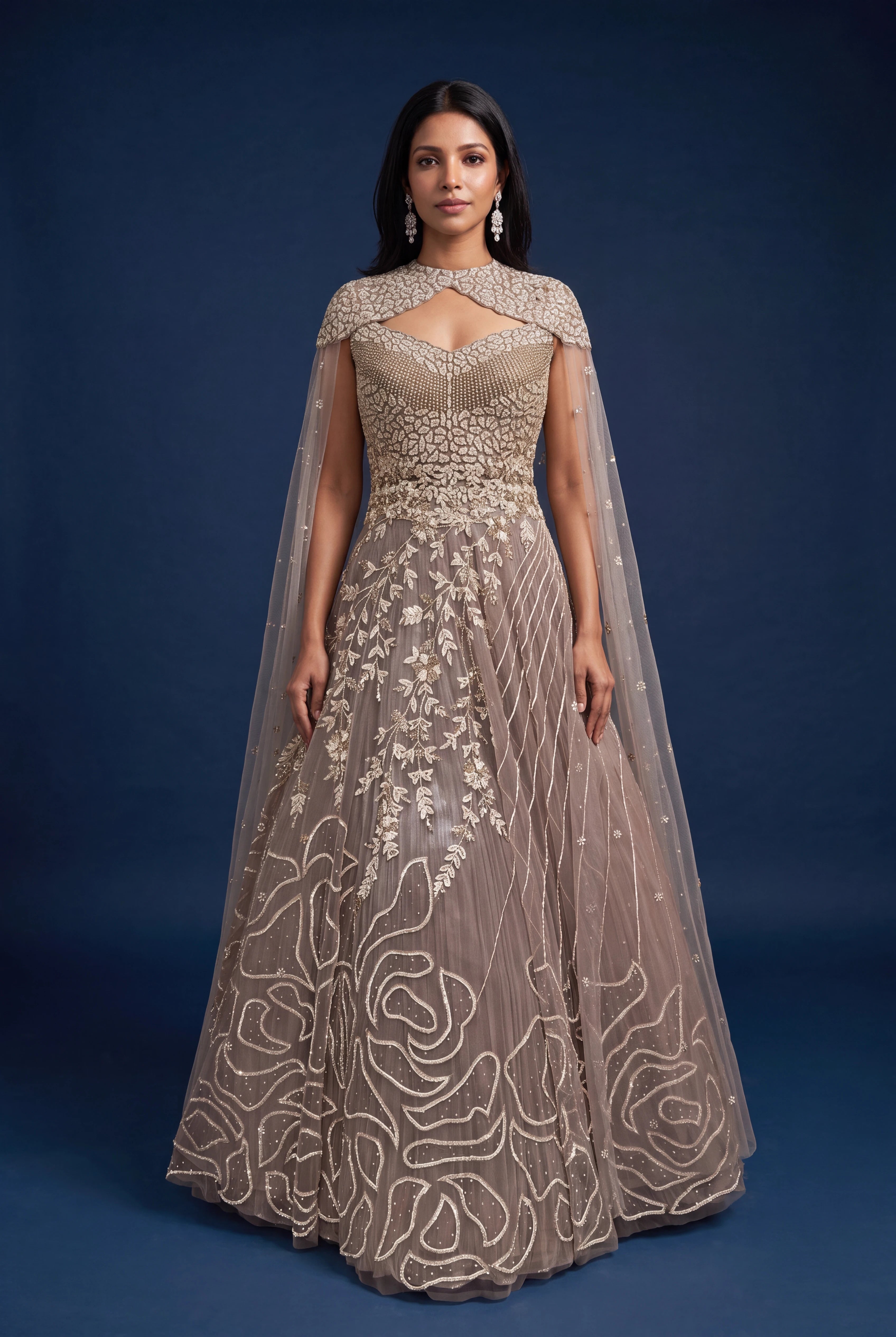 Mauve Net Gown with Cape Sleeve Drape and Rose Embroidery