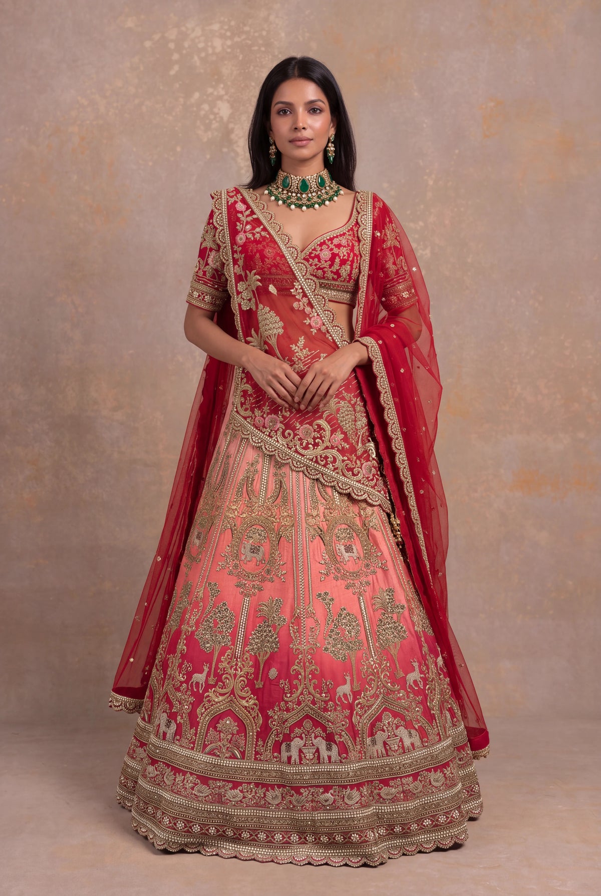 Red & Peach Silk Bridal Lehenga