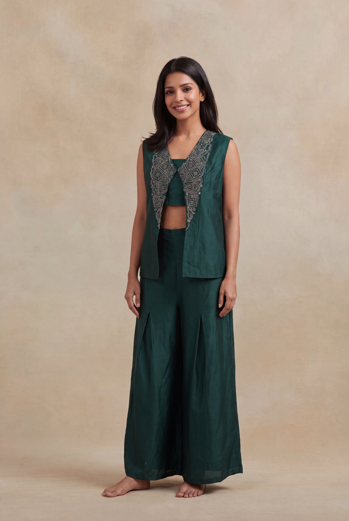 Emerald Green Silk Indo-Western Three-Piece Set