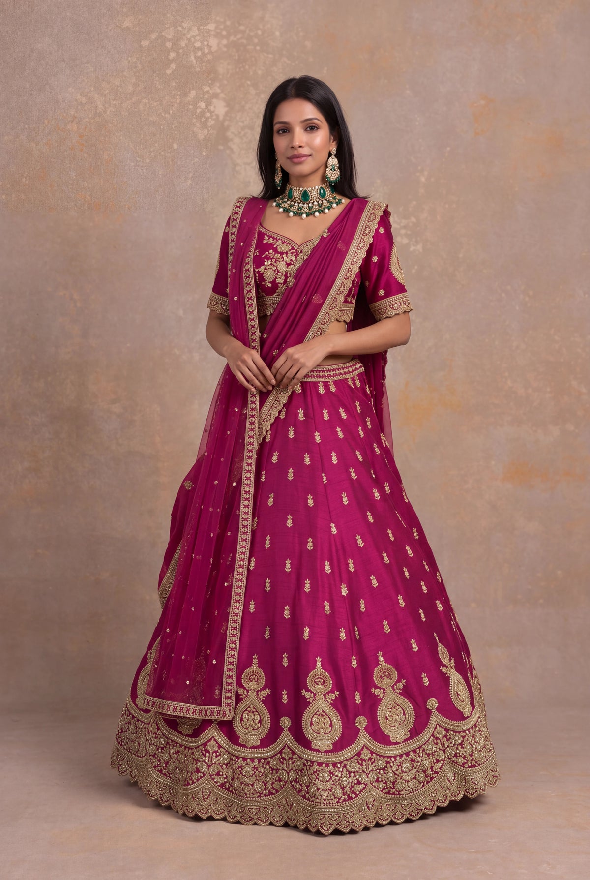 Magenta Raw Silk Lehenga Set with Zardozi and Kundan Work