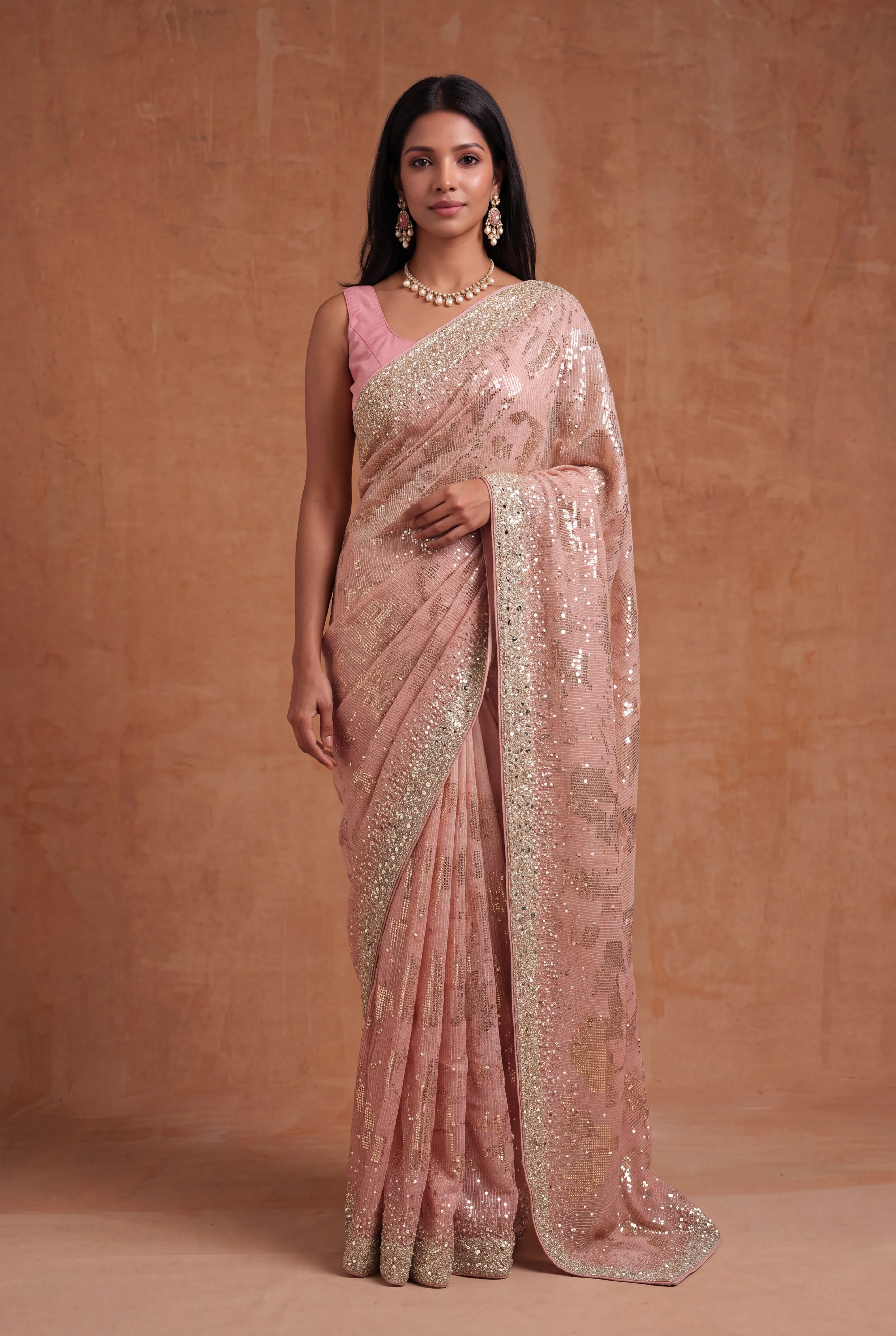 Peach Georgette Saree with Sequin & Mirror Work