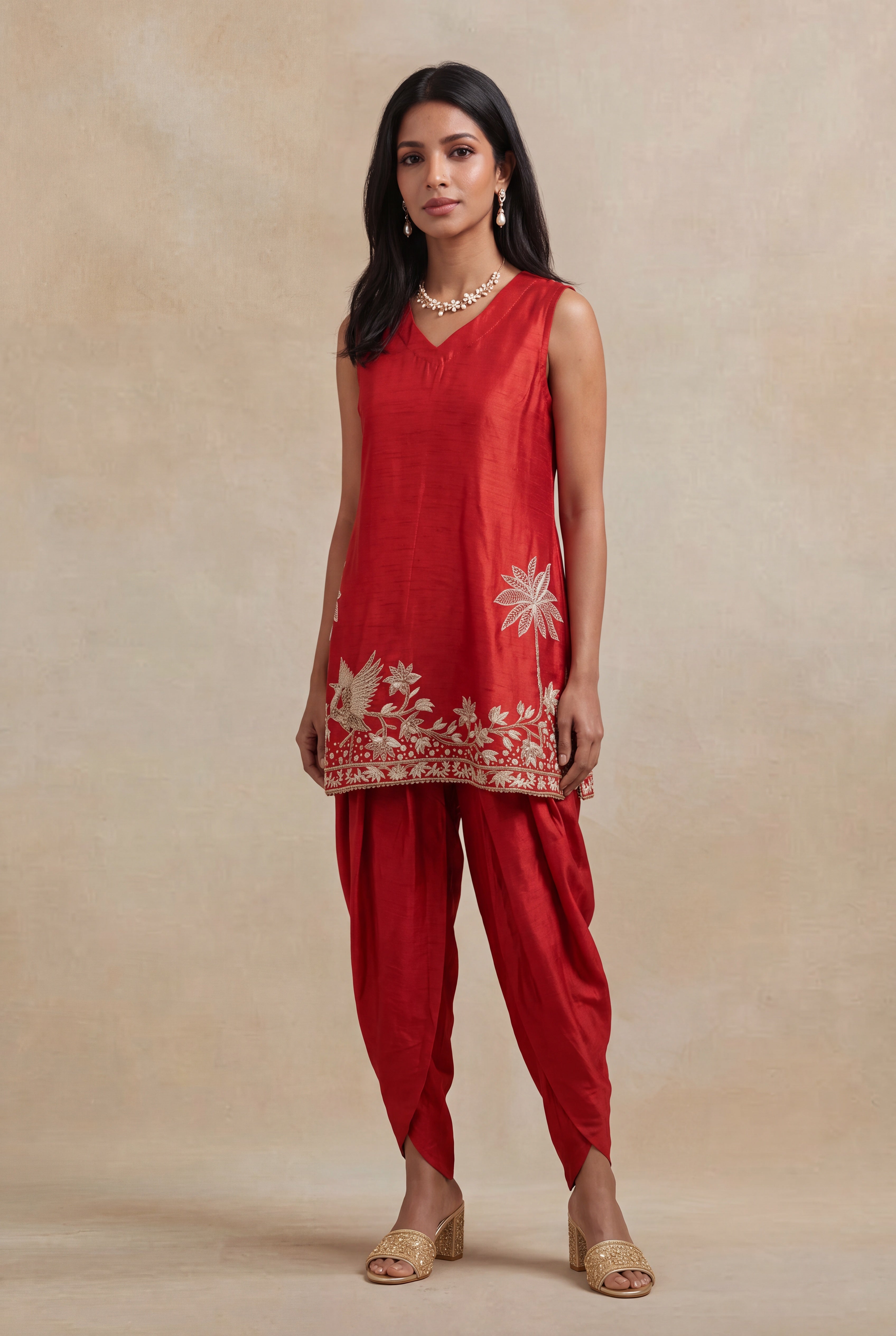 Red Raw Silk Indo-Western Dhoti Set