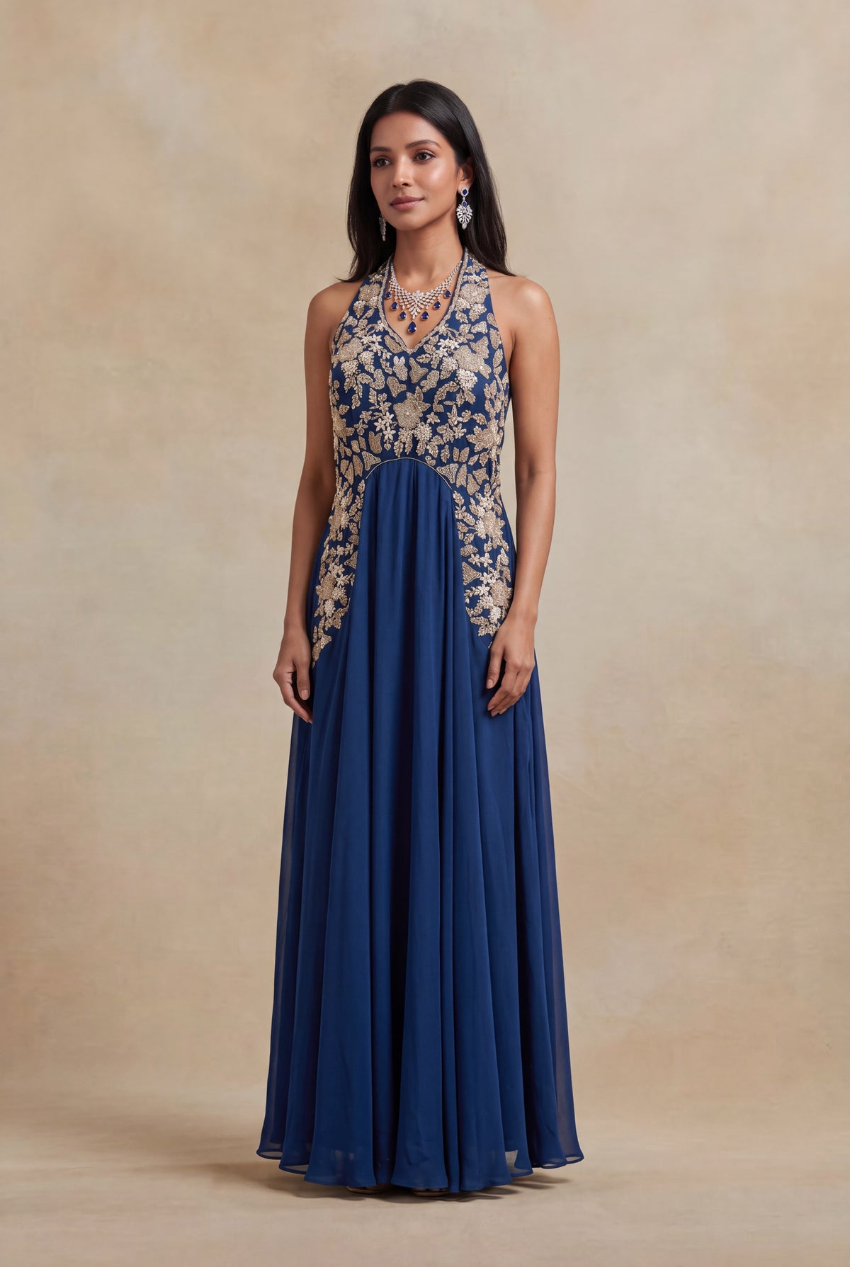 Navy Blue Satin Silk Gown