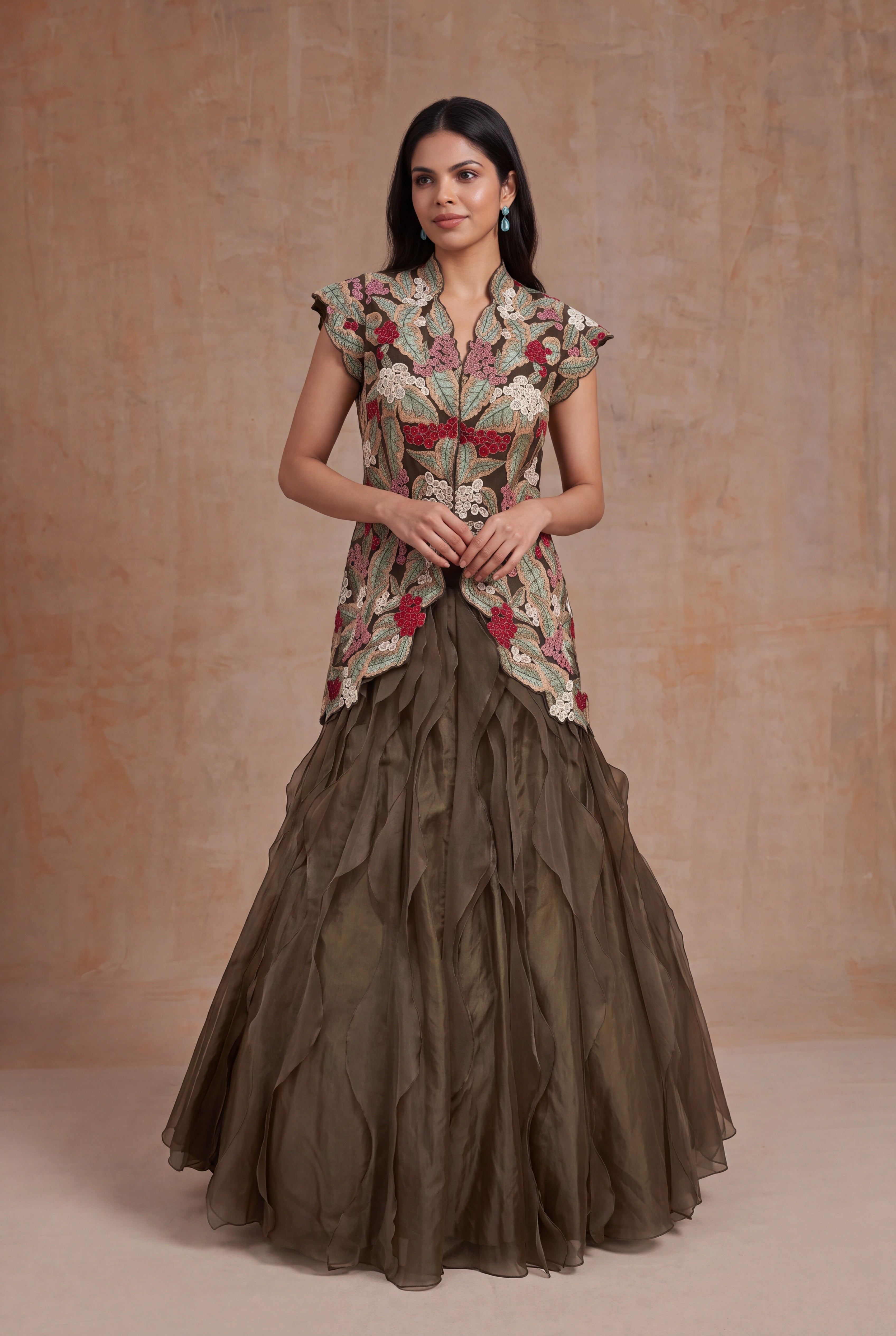 Olive Green Silk & Organza Botanical Embroidery Set