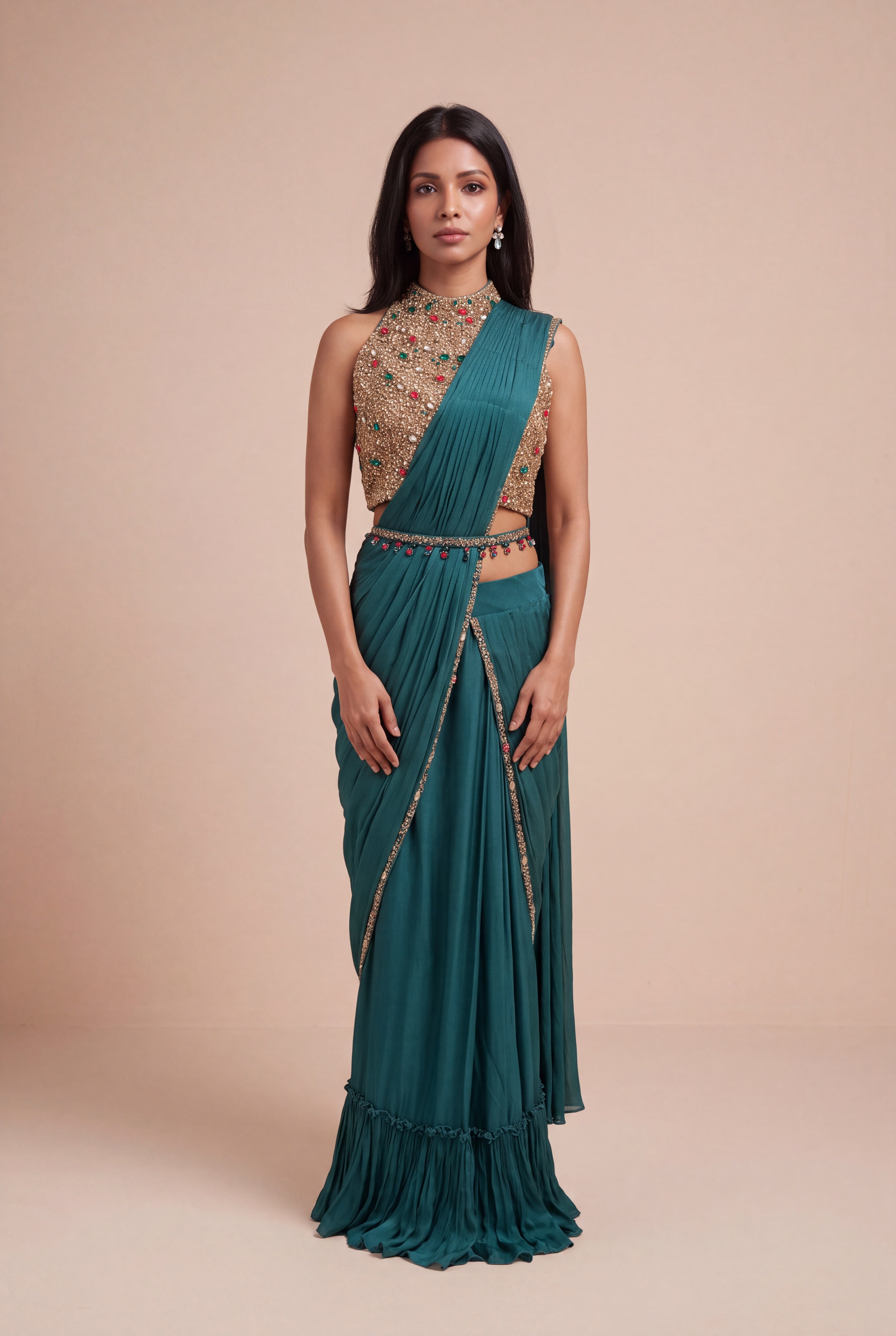 Emerald Green Draped Saree with Jewel-Embroidered Halter Blouse