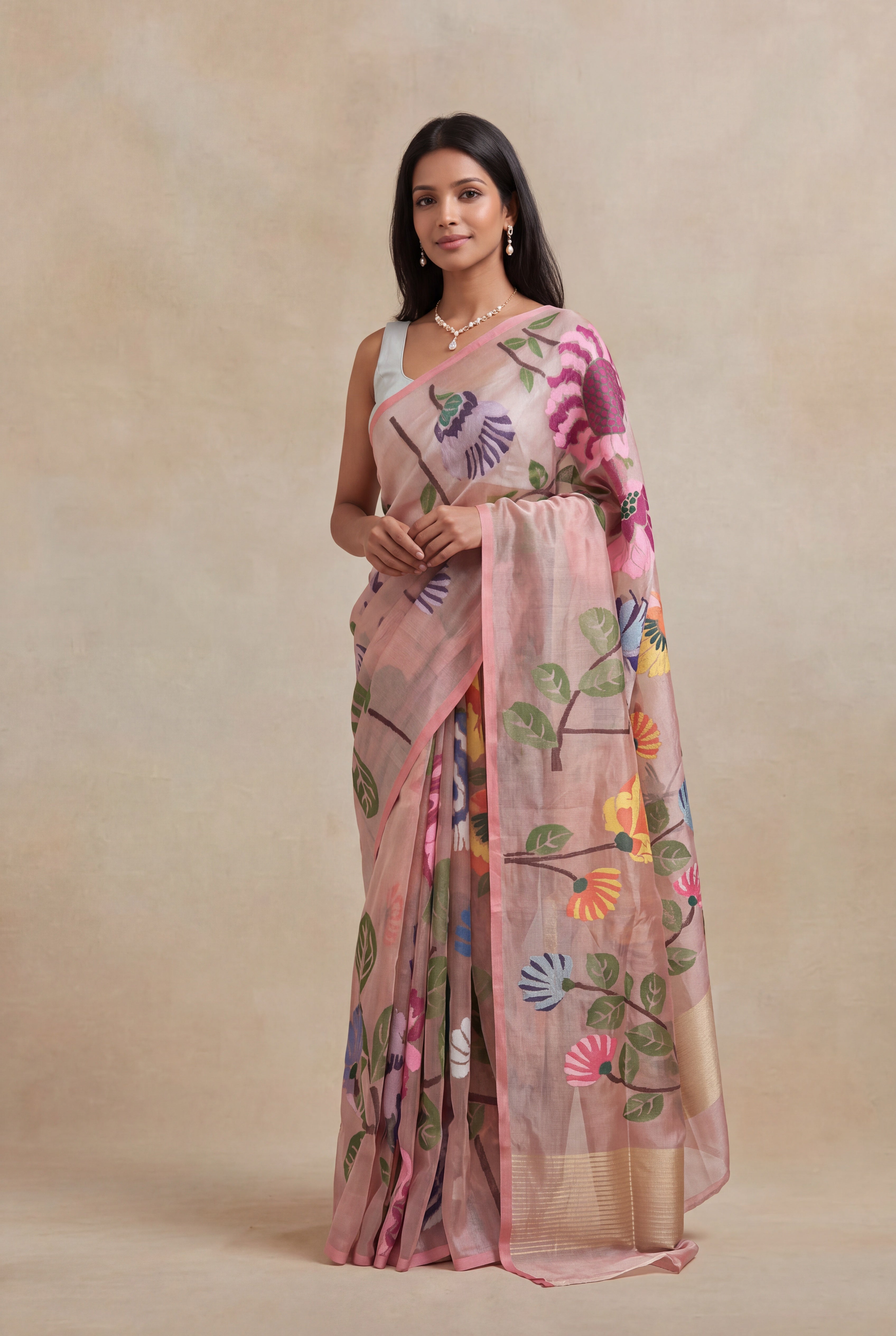 Peach Banarasi Tissue Silk Floral Jaal Saree