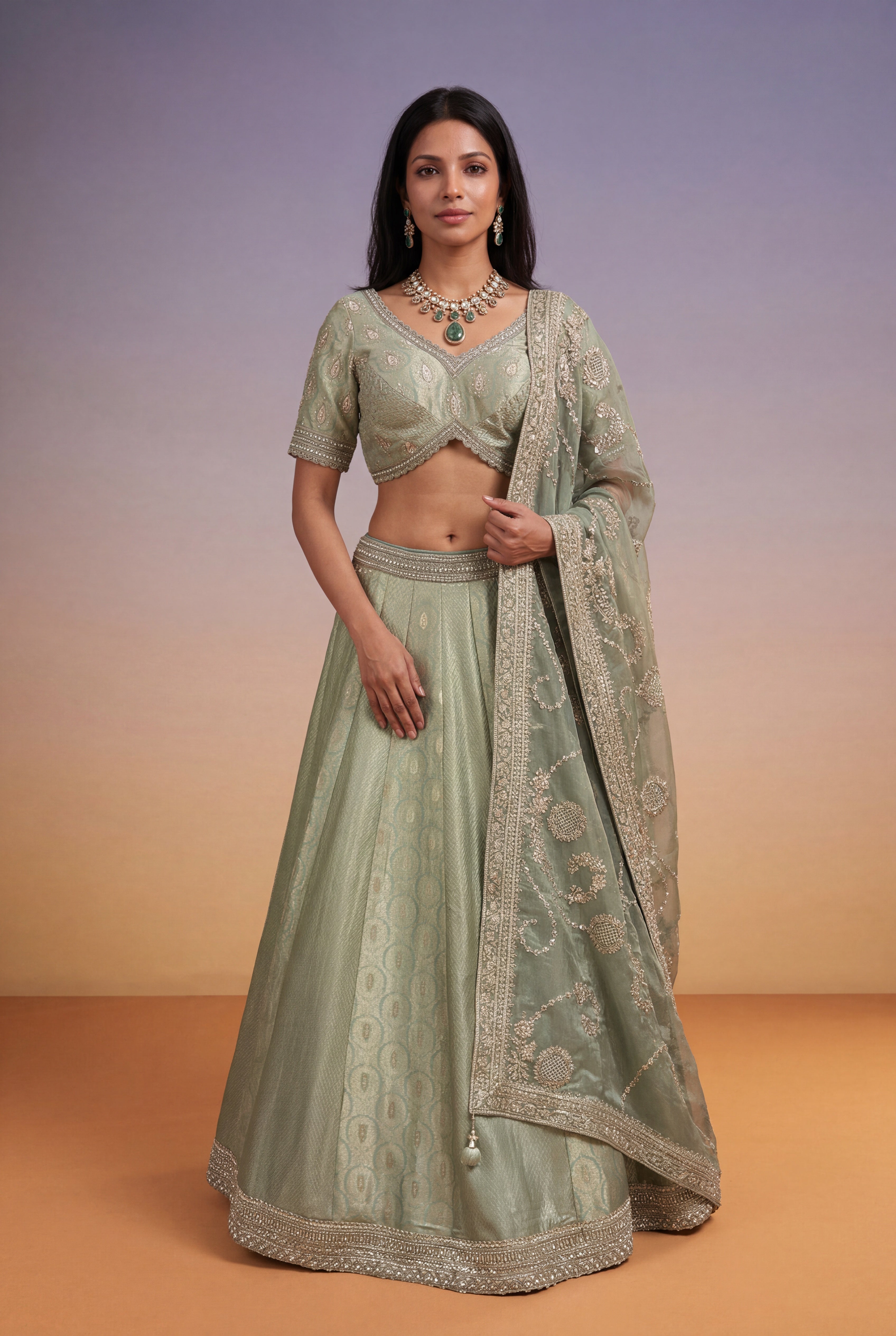 Sage Green Banarasi Silk Lehenga with Kutdana & Pearl Embroidery