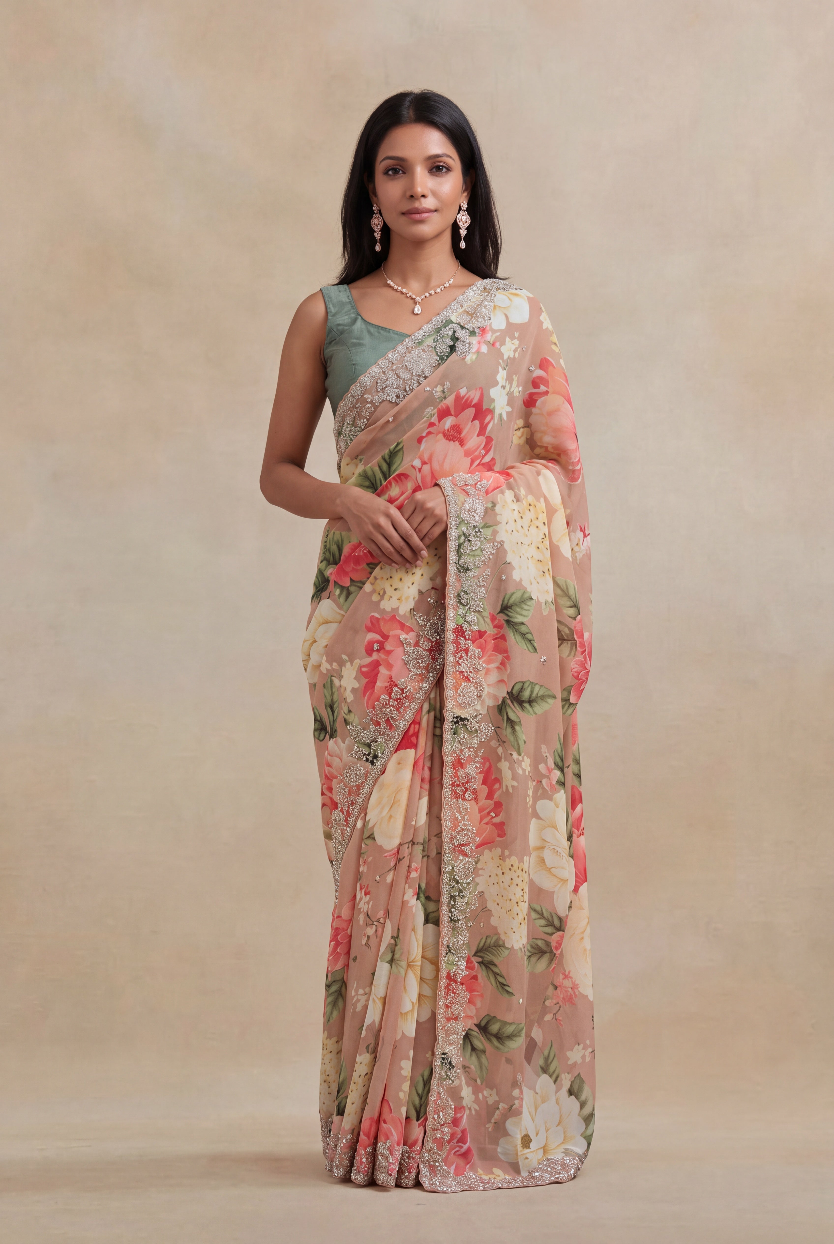 Peach Georgette Floral Print Saree