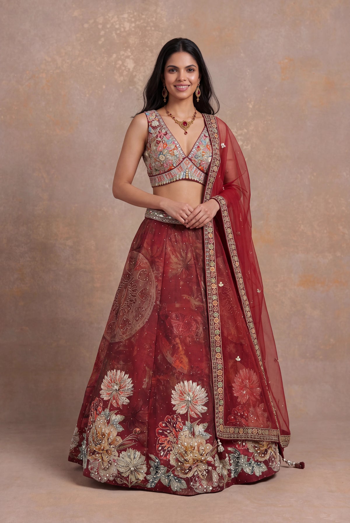 Deep Red Printed Silk Lehenga Set with Mirror Work