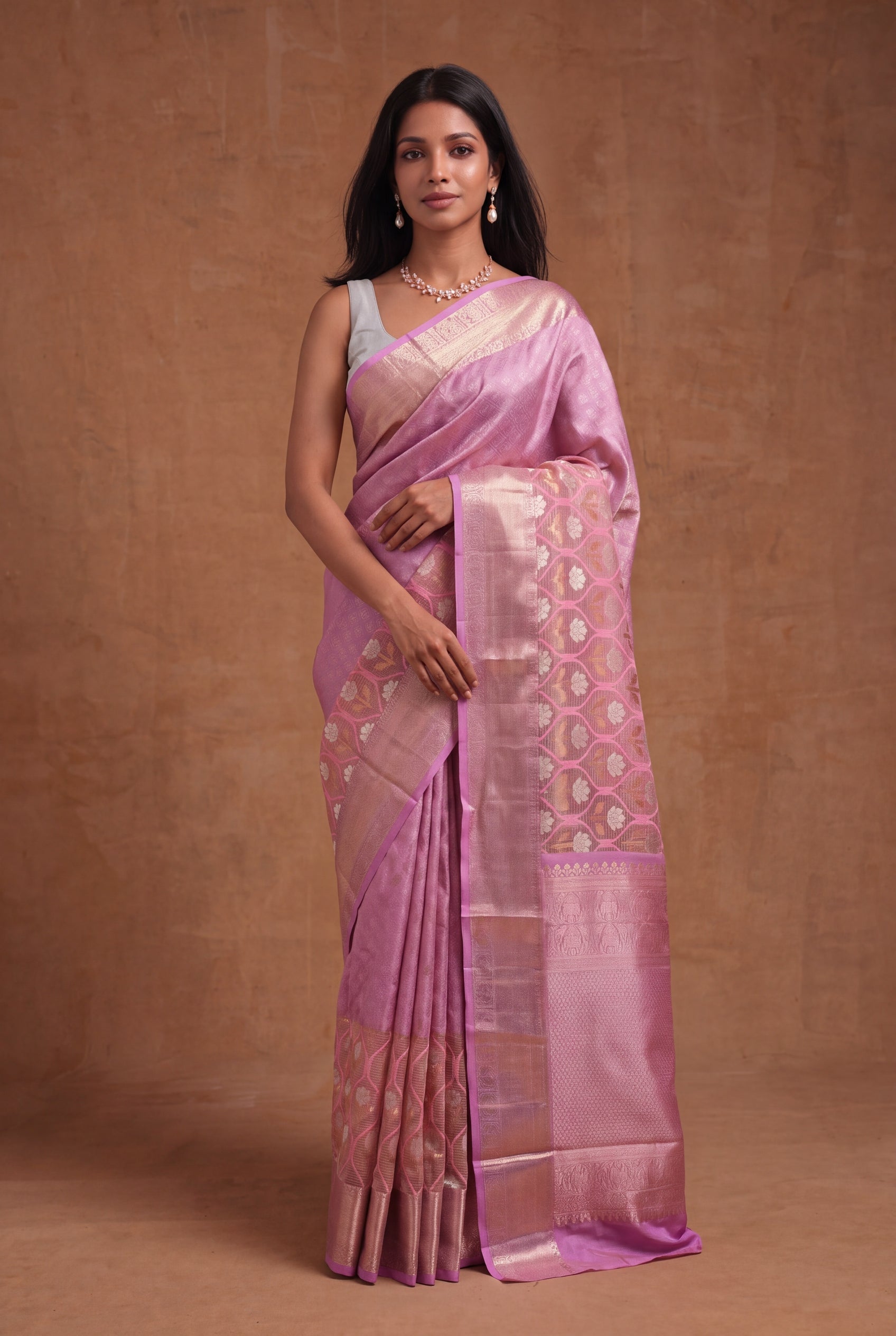 Lavender Pink Kanchivaram Silk Fusion Saree