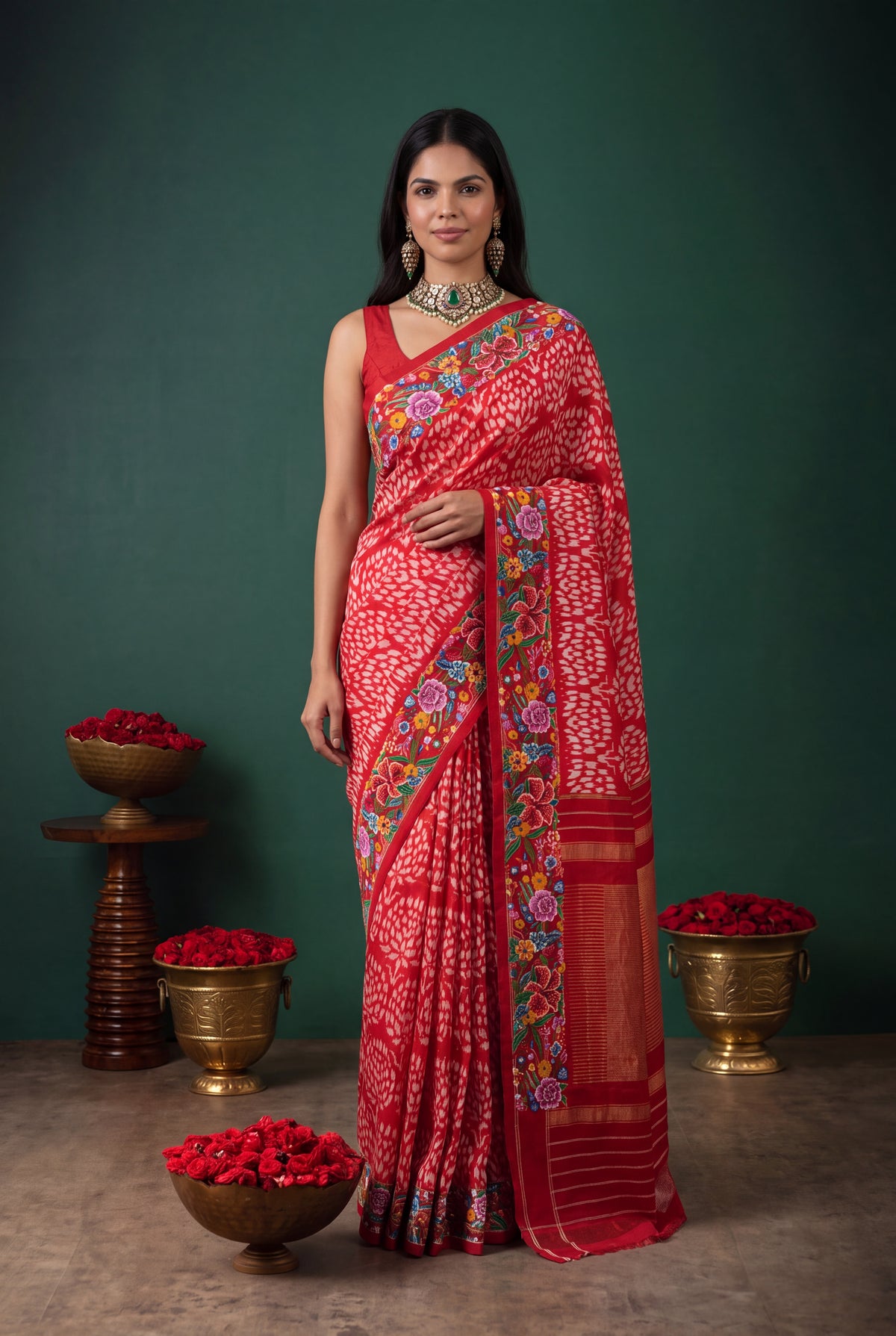 Red Ikat Silk Saree with Petit Point Border