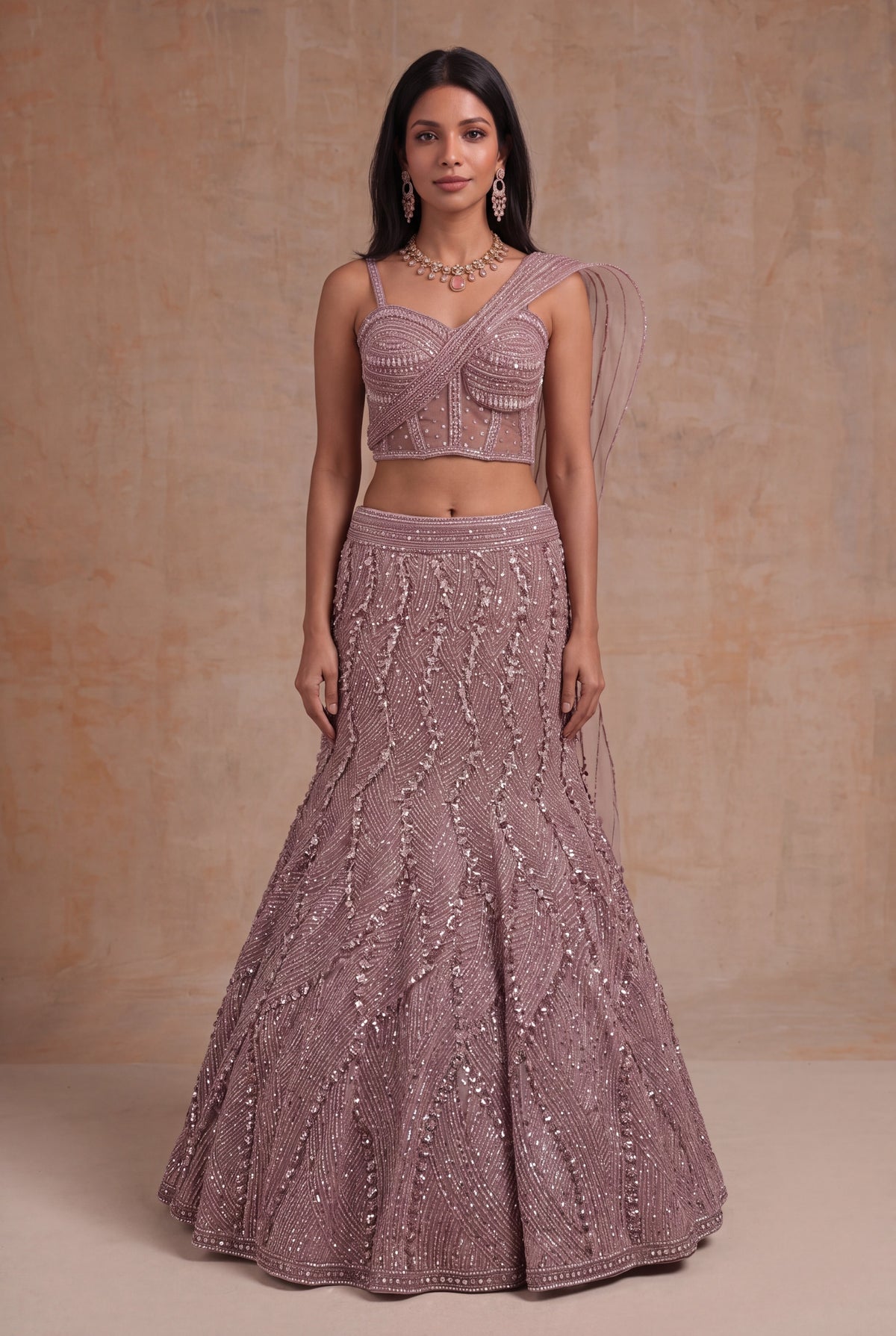 Onion Pink Embellished Fish Cut Lehenga