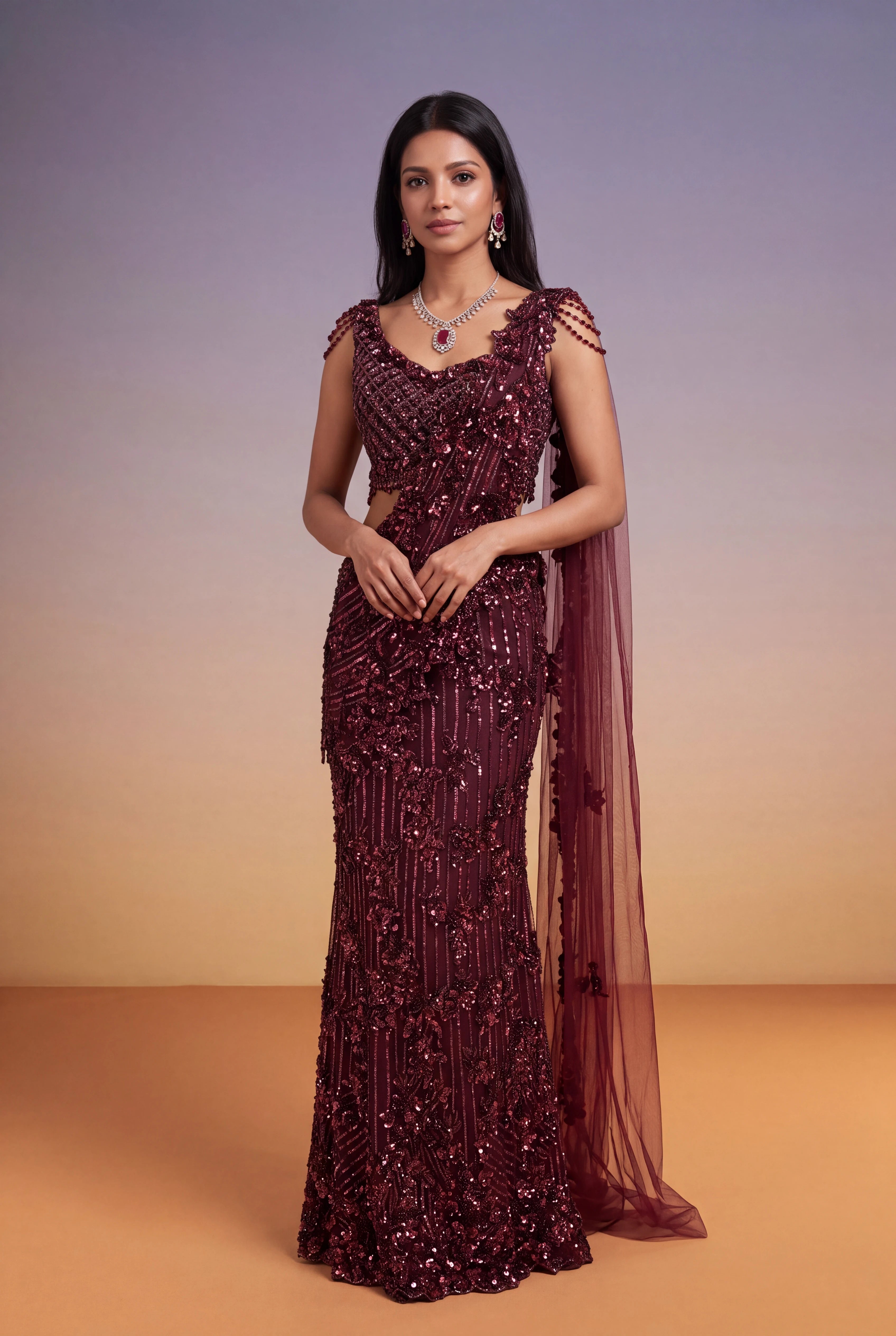 Wine Net Fish-Cut Indo-Western Drape Saree