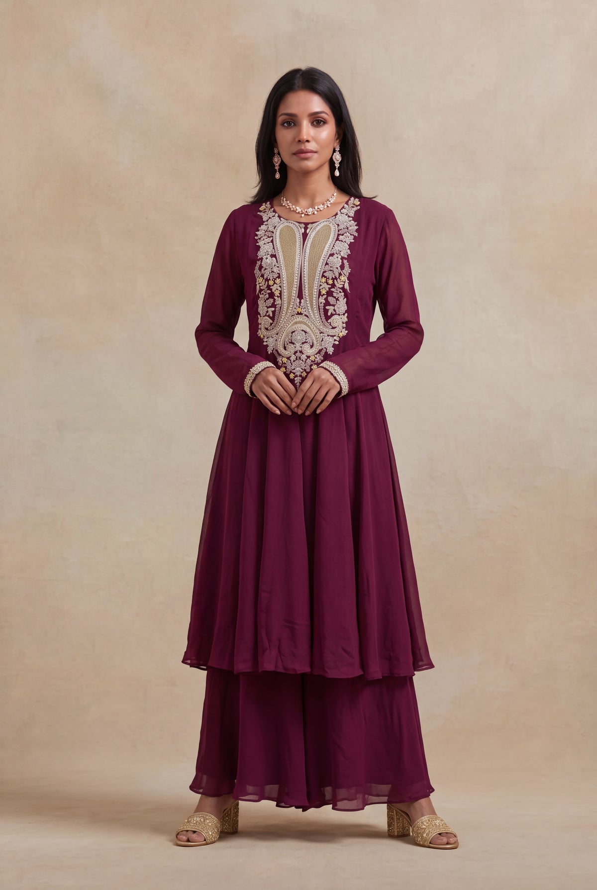 Wine Georgette Indo-Western Set