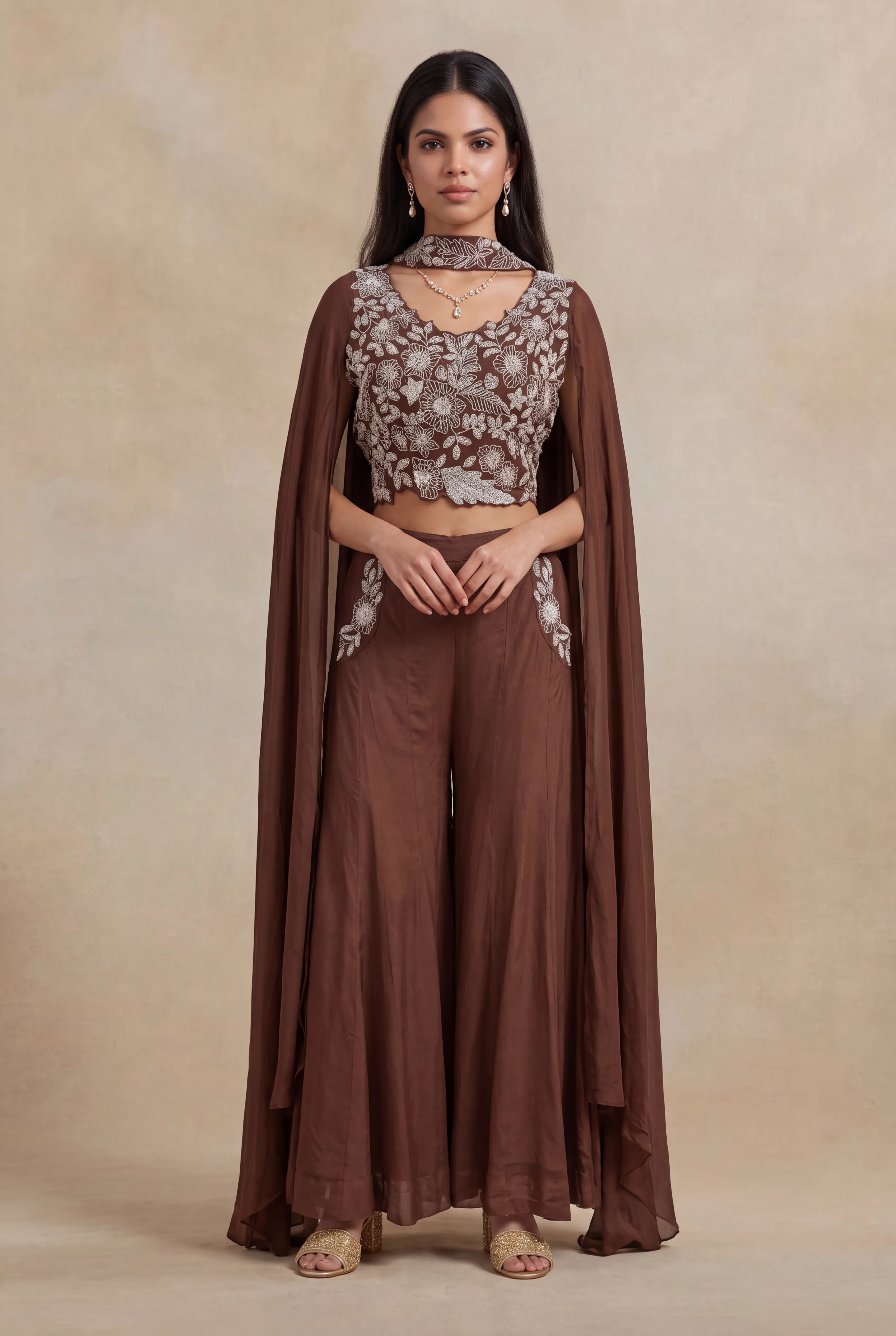 Brown Georgette Indo-Western Palazzo Set