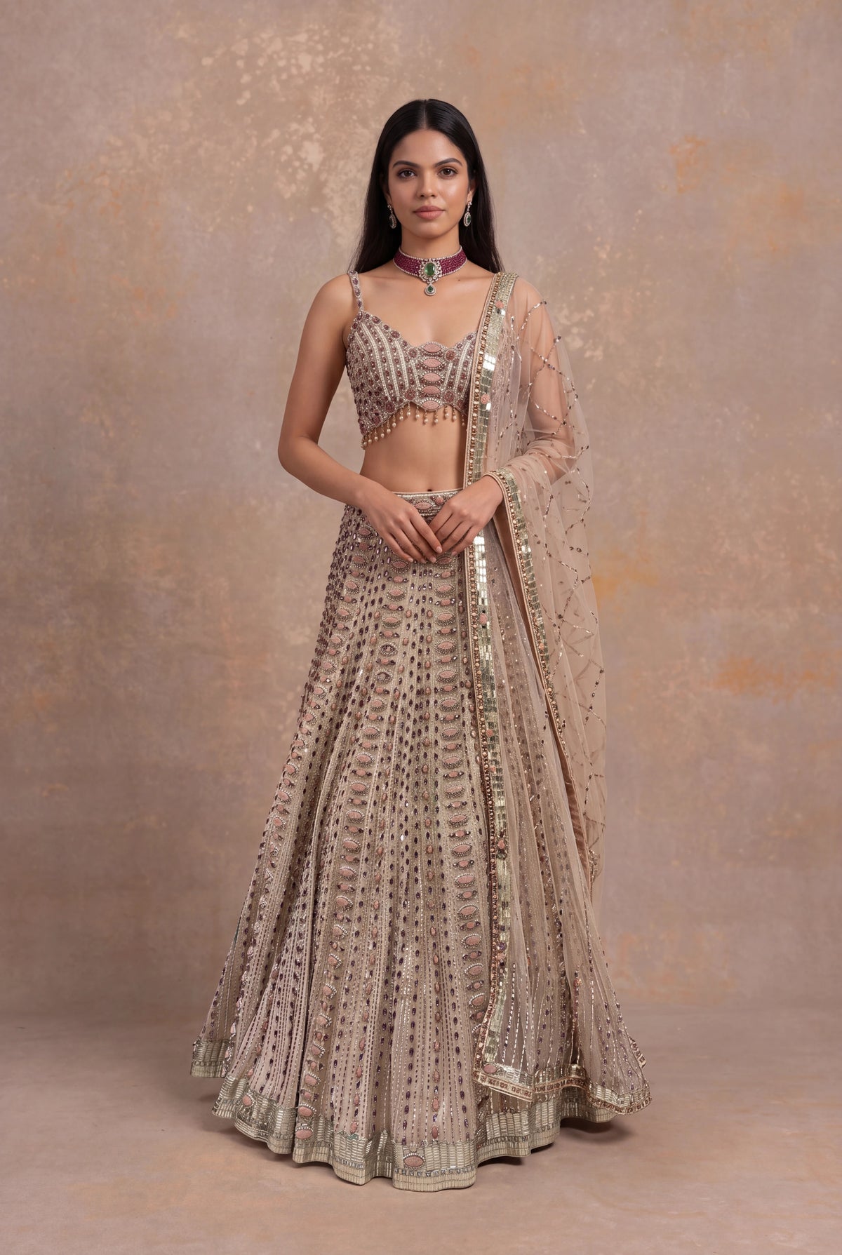 Light Peach Silk Lehenga Set with Stone and Pearl Embroidery