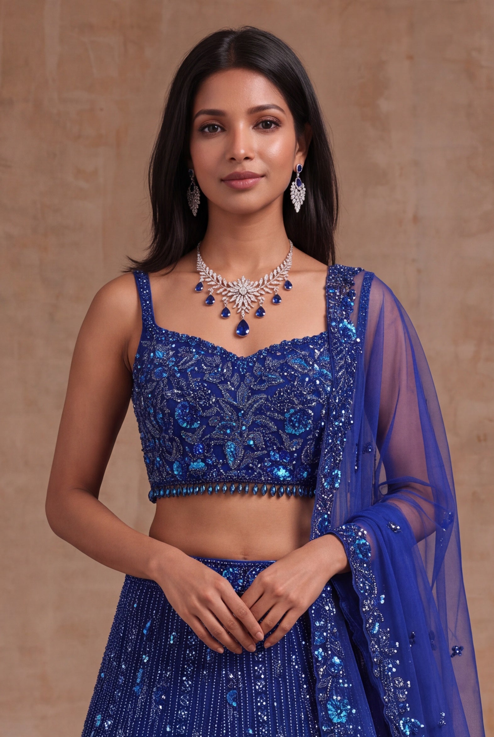 Royal Blue Net Lehenga with Sequin, Kutdana & Stone Embroidery