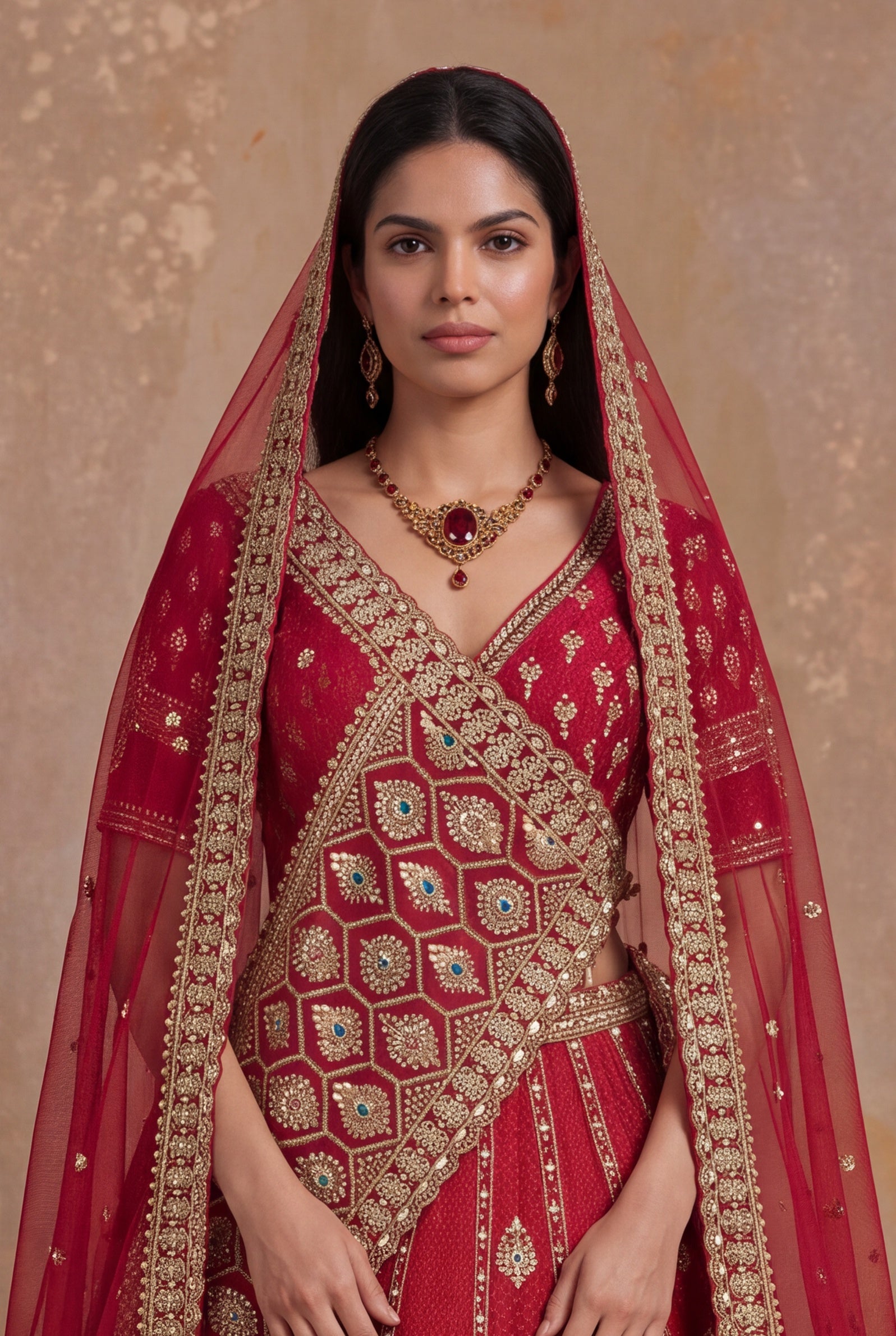Red Silk Bridal Lehenga with Multicolour Stone & Zardozi Border