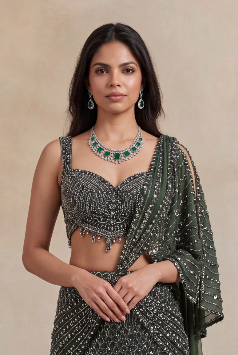 Mehandi Green Net Lehenga