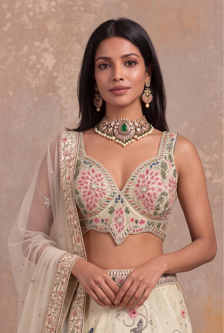 Pista Green Peacock & Floral Silk Lehenga