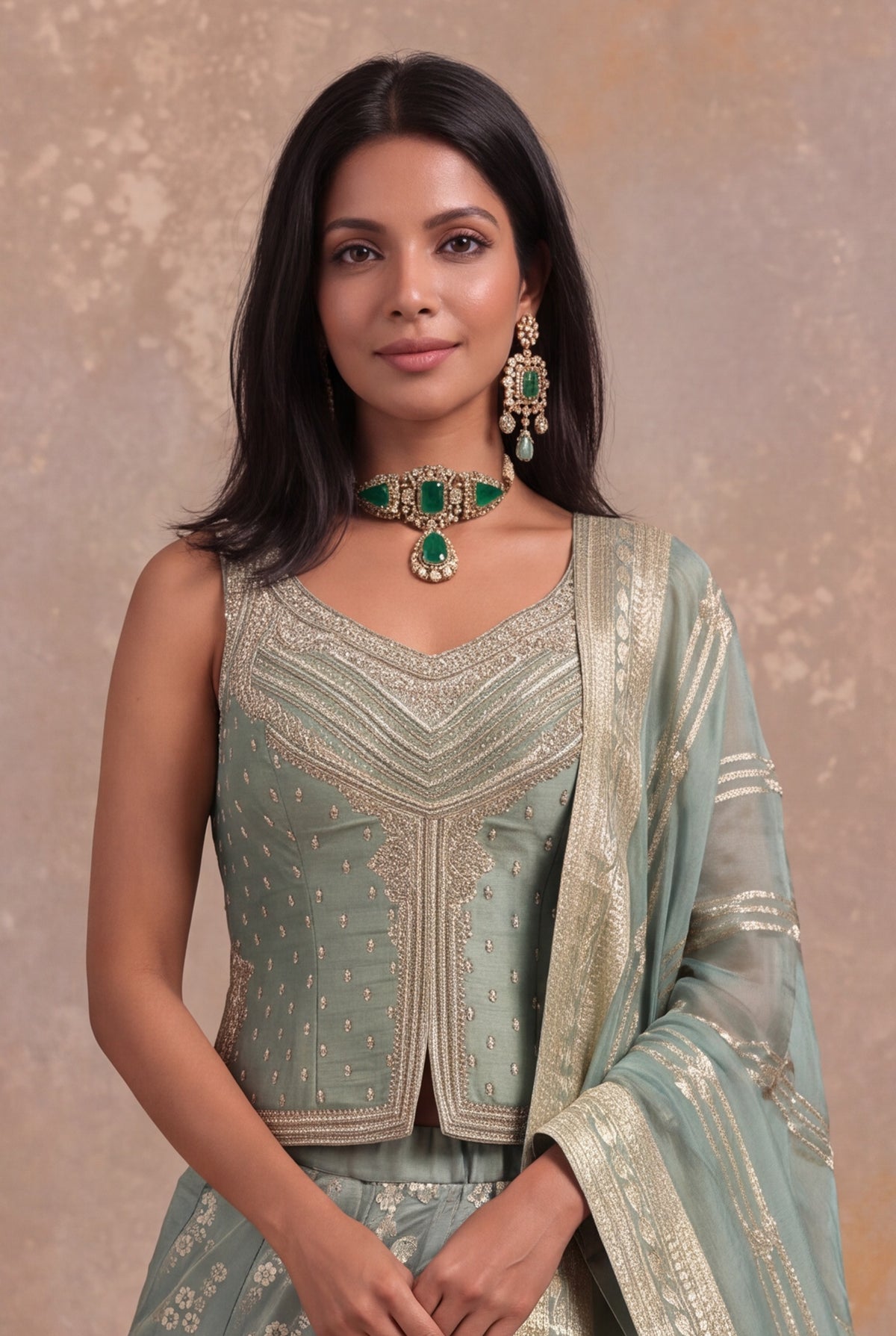 Sage Green Banarasi Tissue Silk Lehenga with Embellished Blouse