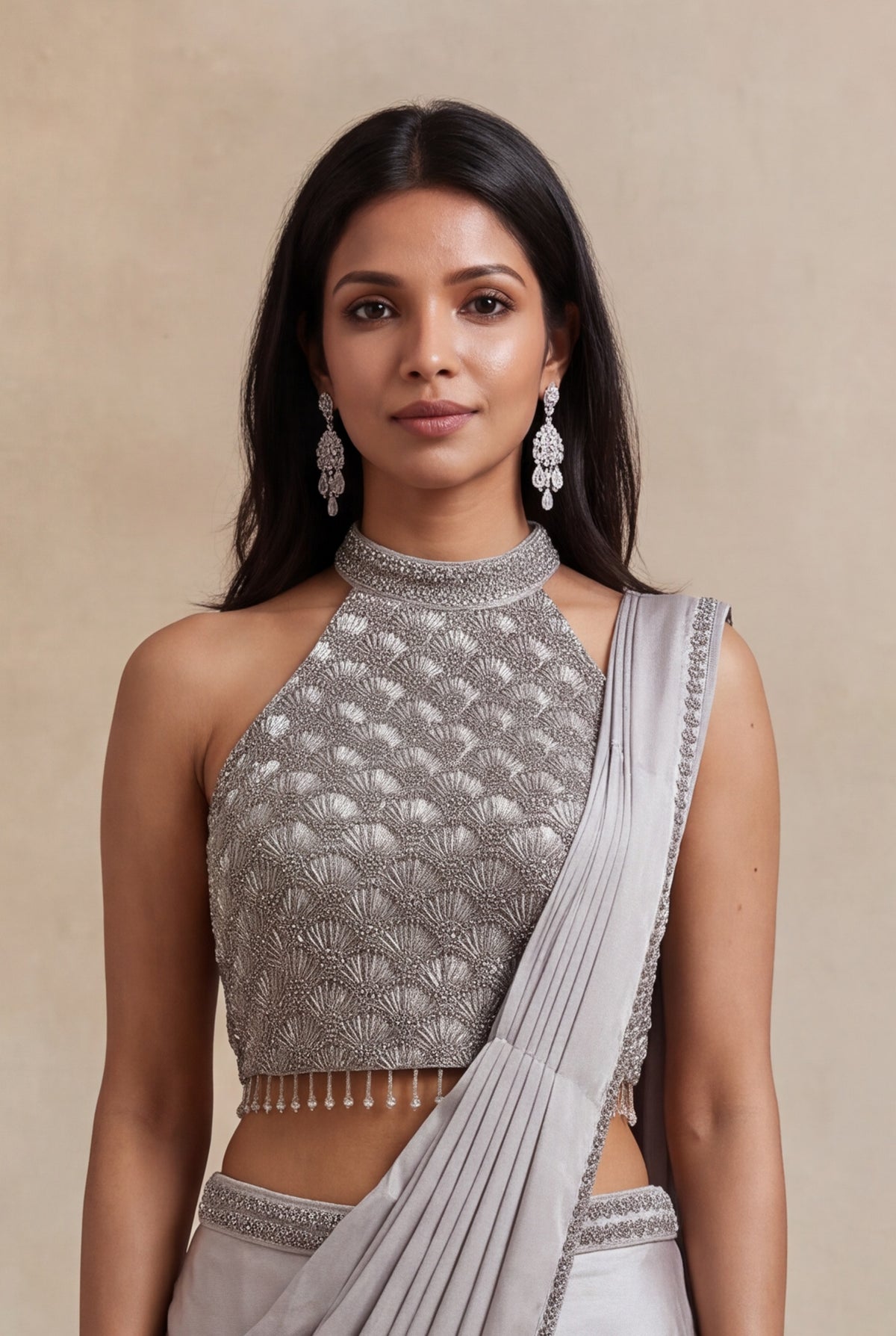 Silver Grey Satin Silk Ready-to-Wear Saree with Embellished Blouse