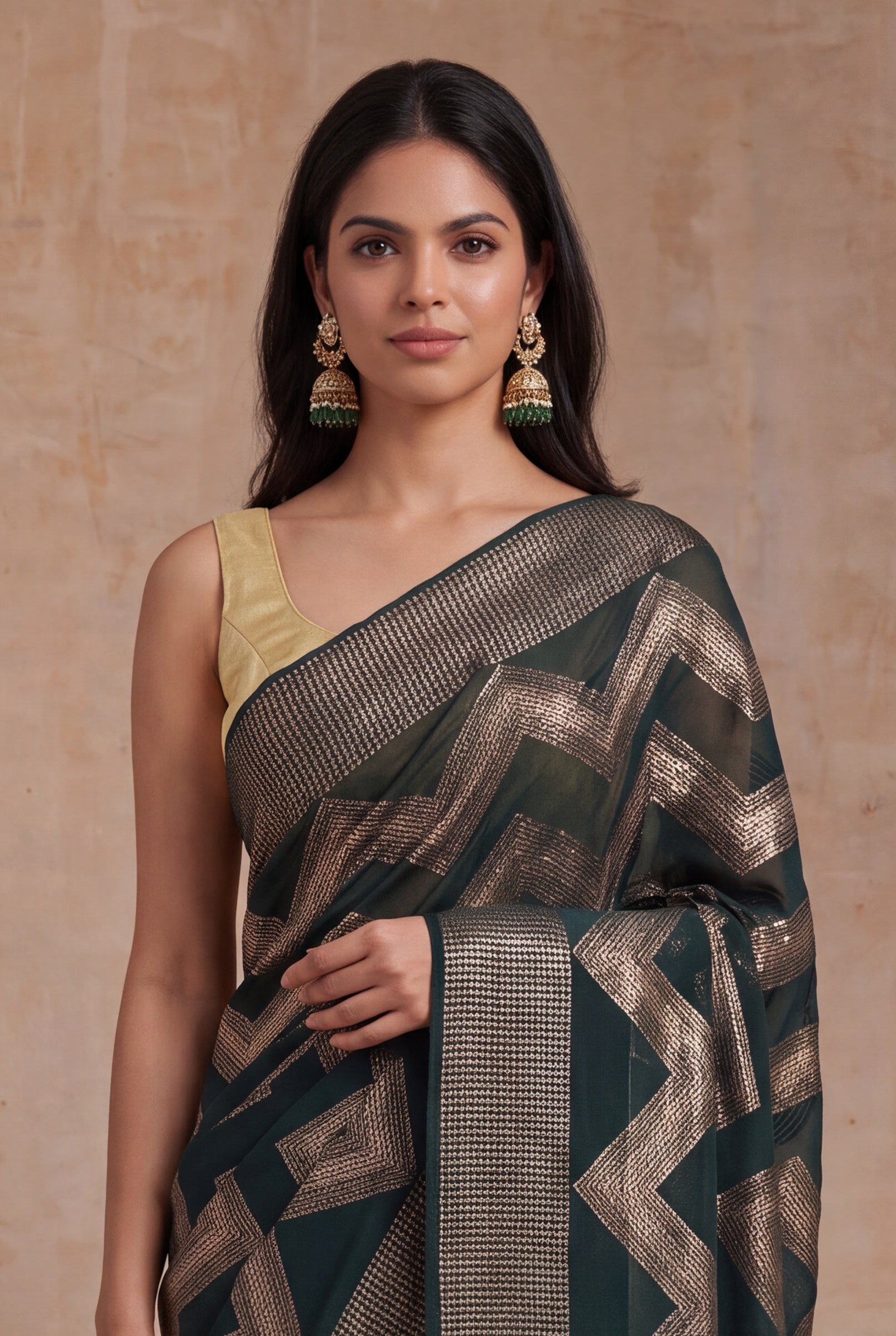 Bottle Green Georgette Sequin Wave Saree