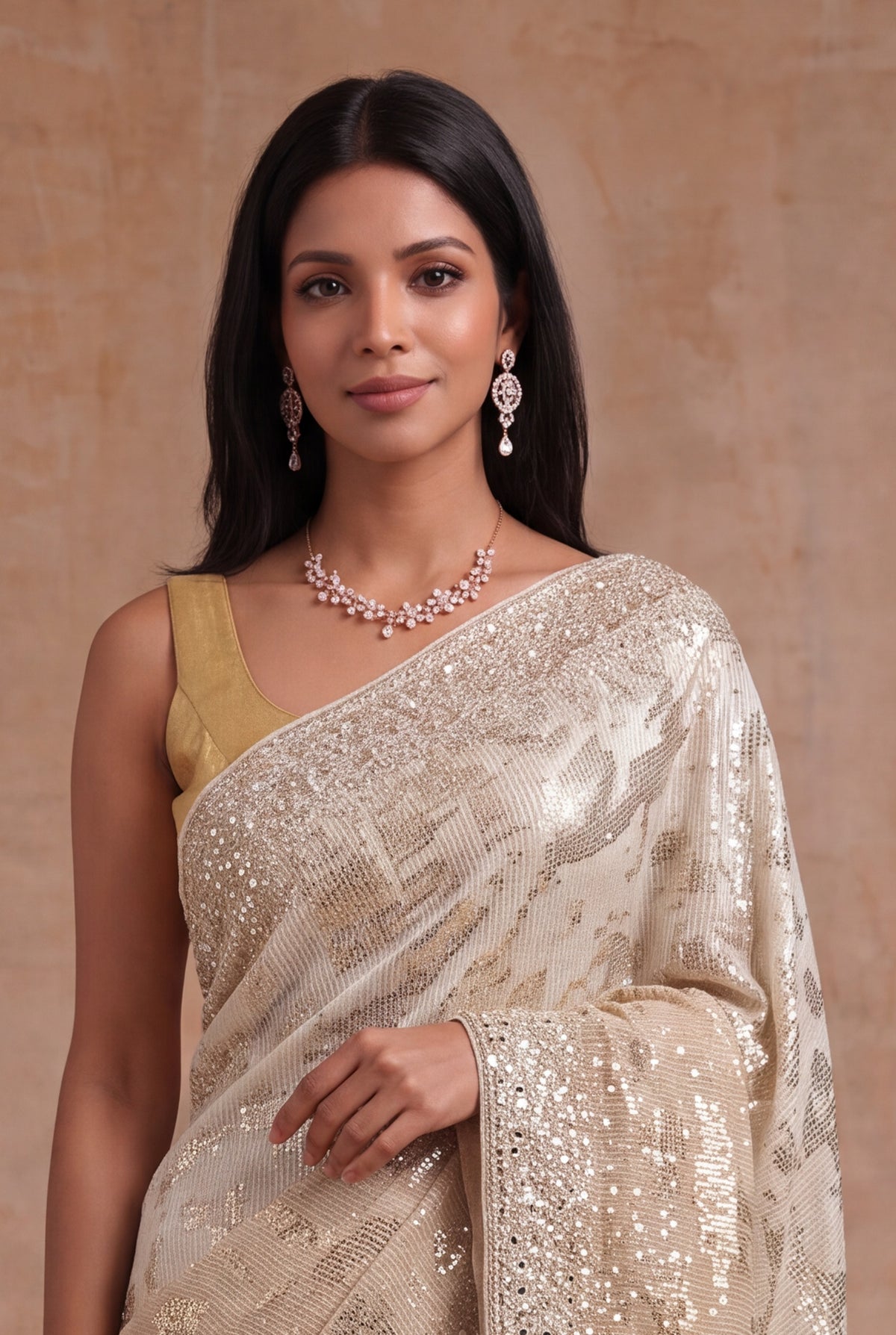 Gold Georgette Saree with Sequin & Mirror Work