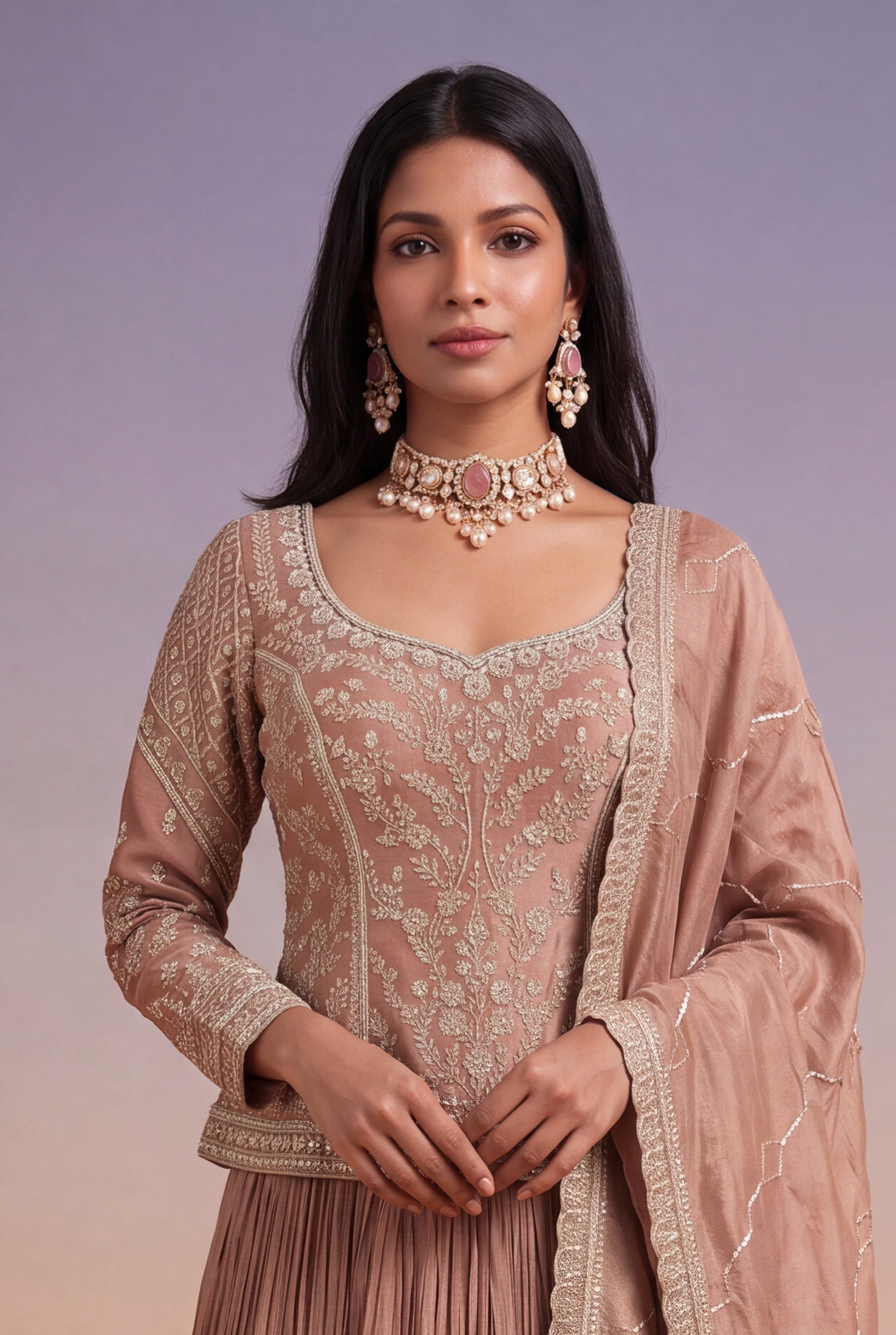 Mauve Chinon Lehenga with Zari-Embroidered Tissue Silk Top