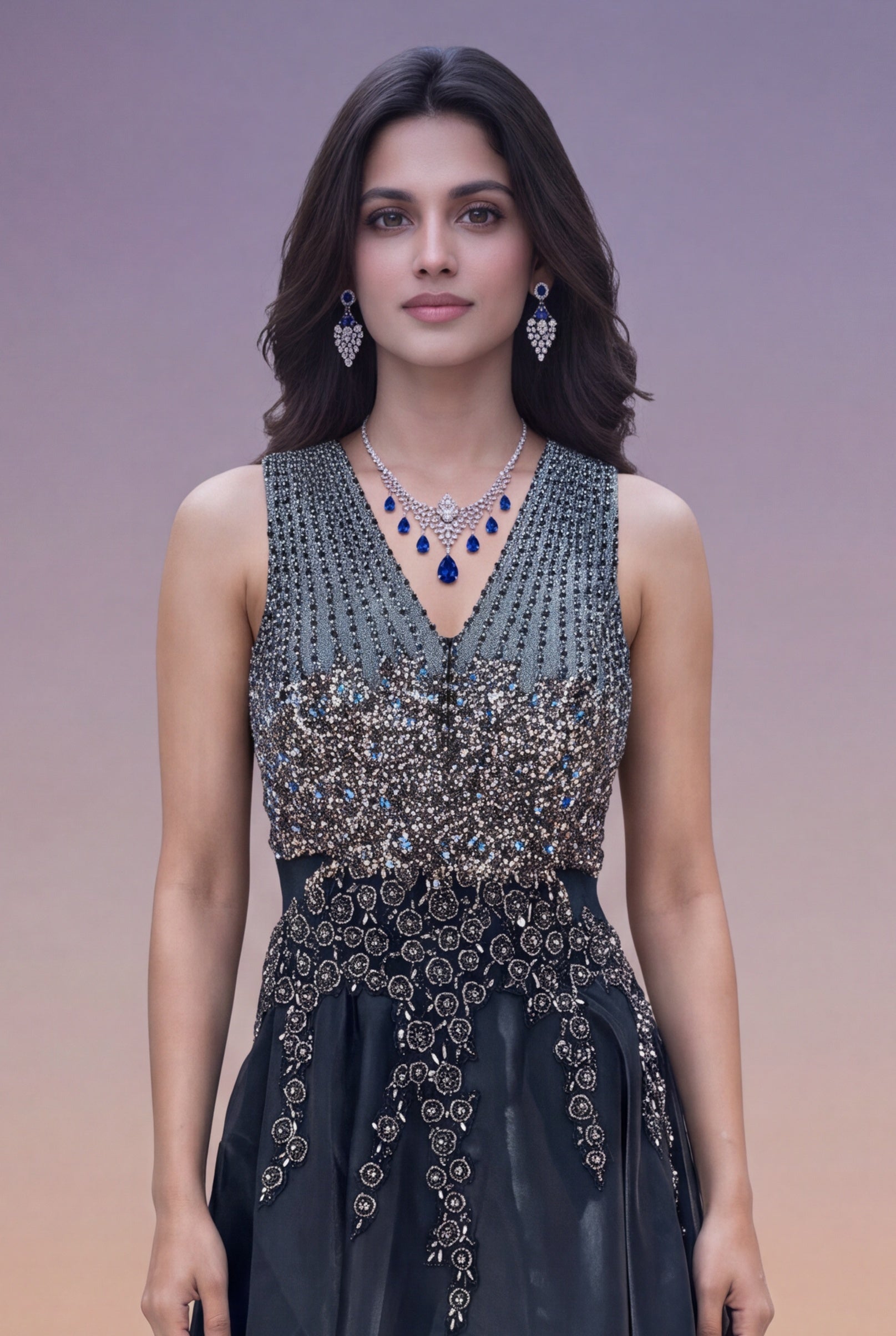 Slate Blue Organza Gown with Sequin & Cutdana Work