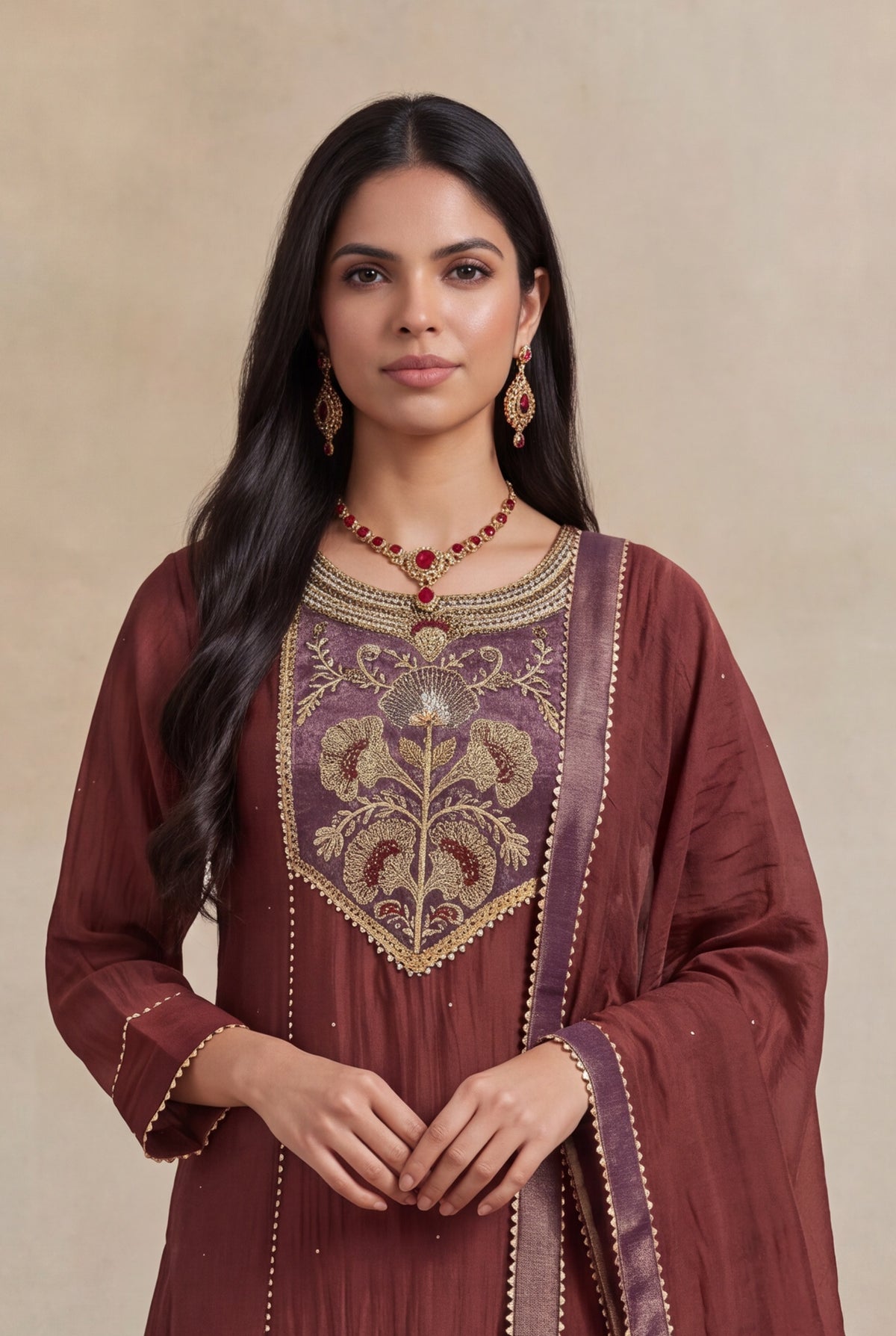 Wine Mul Cotton Zardosi A-Line Salwar Set
